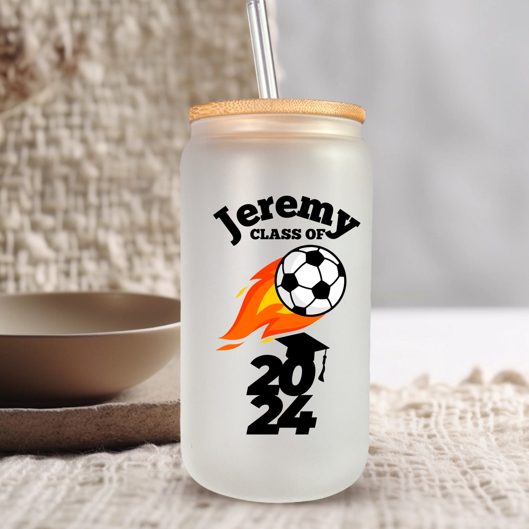 Personalized 2024 Soccer Graduation Gift for Him, Libbey Beer Glass Can with Lid and Straw, Custom Graduation Gifts, Class of 2024 Gifts