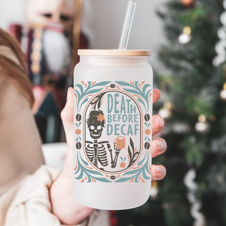 Death Before Decaf Beer Can Glass | Coffee Glass Cup | Coffee Lover Glass | 16 oz Libbey Glass | Coffee Glass | Skeleton Coffee Cup