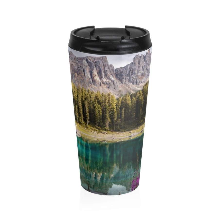 Stainless Steel Travel Mug, Boho Bohemian Hippie Travel Mug, Mountains Lake Nature Steel Mug, 15 Ounce Tumbler, 15oz Travel Mug Tumbler