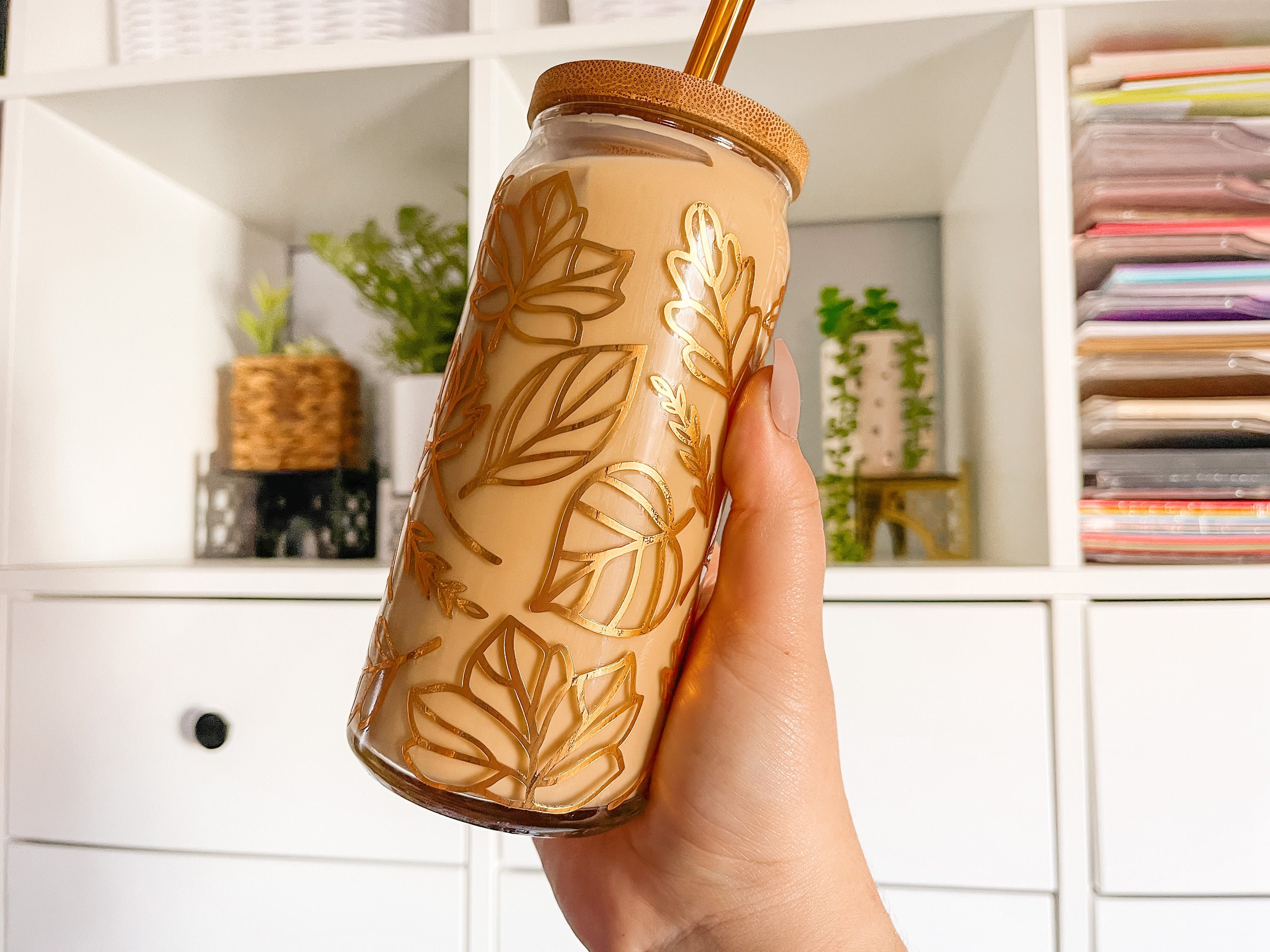 Fall Leaves Iced Coffee Glass, Plant Lady Iced Coffee Glass, Libbey Beer Can Glass with Bamboo Lid and Straw, Christmas Gifts for Her