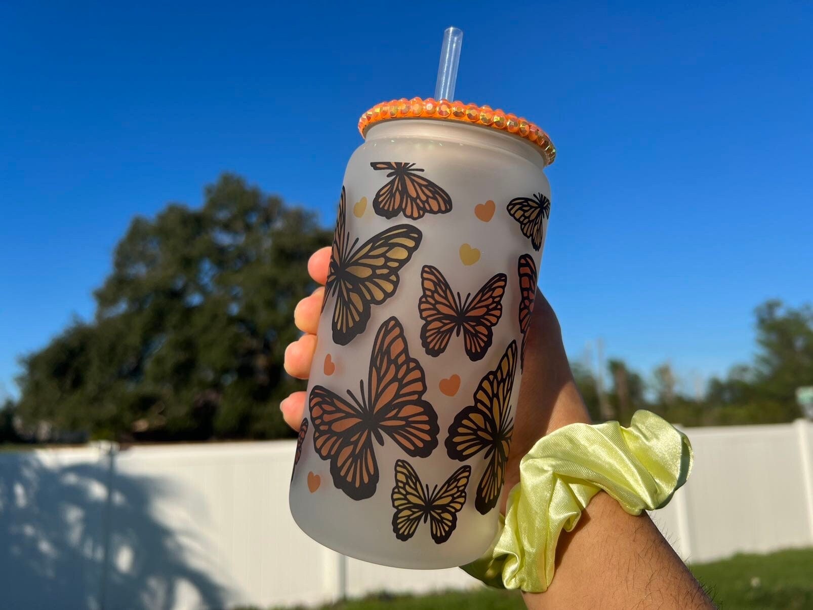 Cute Monarch Butterfly 16 Oz Frosted Beer Can Glass Cup, Aesthetic Glass Cups, Christmas Cups, Rhinestone Lids, Butterfly Cups, Custom Gifts