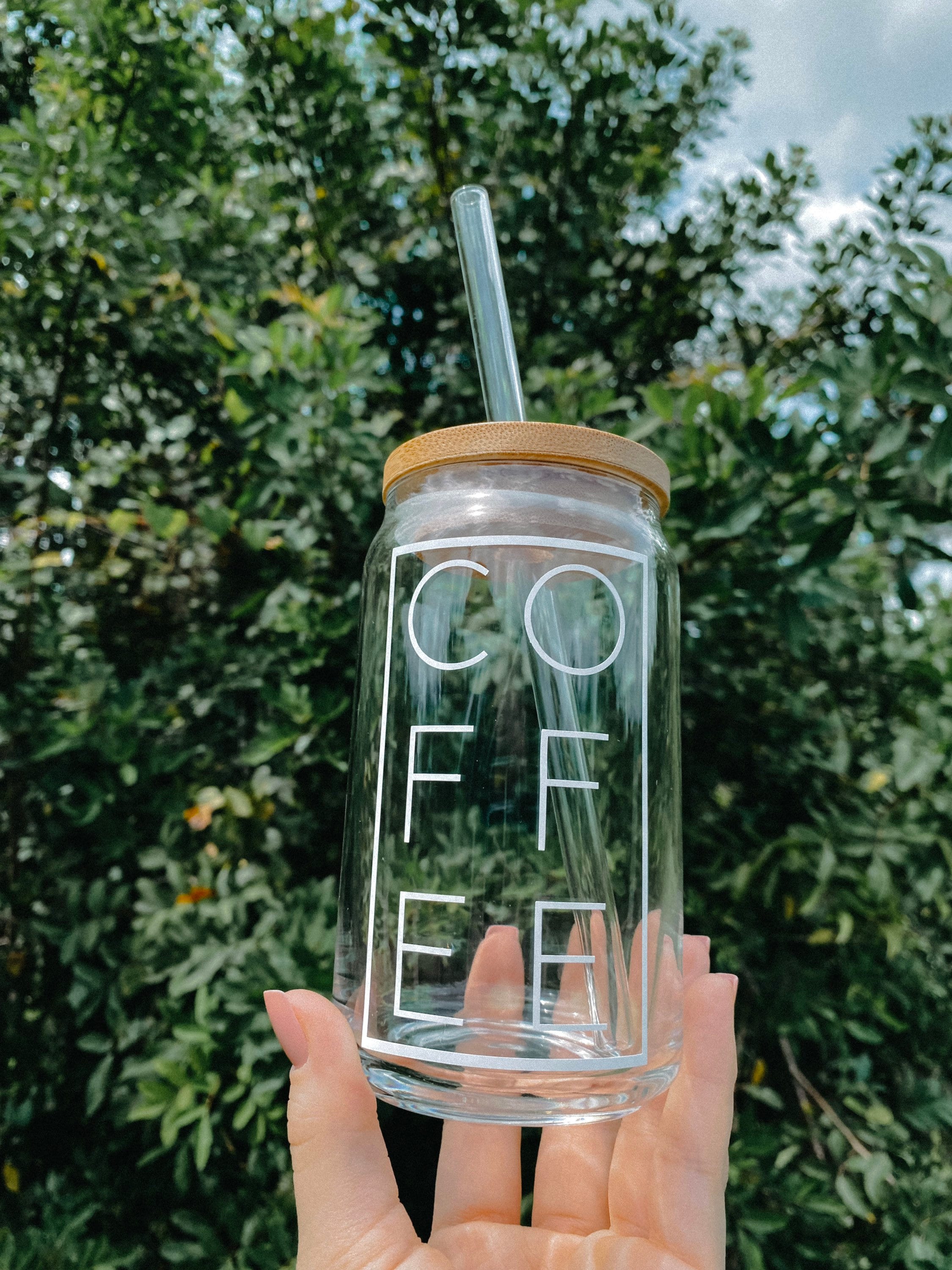 Coffee can glass with bamboo lid and glass straw|bear can glass|soda glass can|iced coffee glass| aesthetic can glass