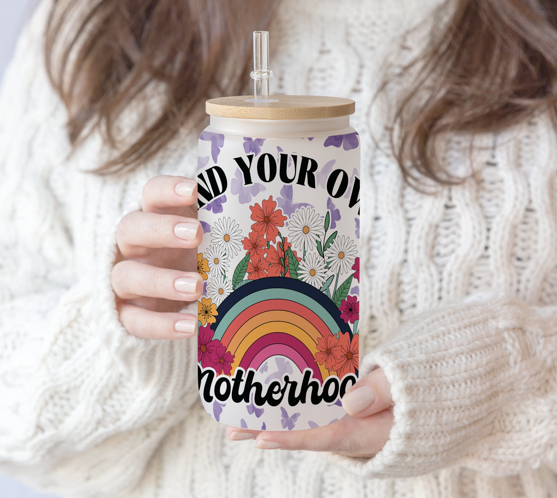 16 oz Libbey Glass Sublimation Mind Your Own Motherhood | Boho Hippie Mothers Day Rainbow Butterfly Flower |Retro Gift for Mama Mom PNG file