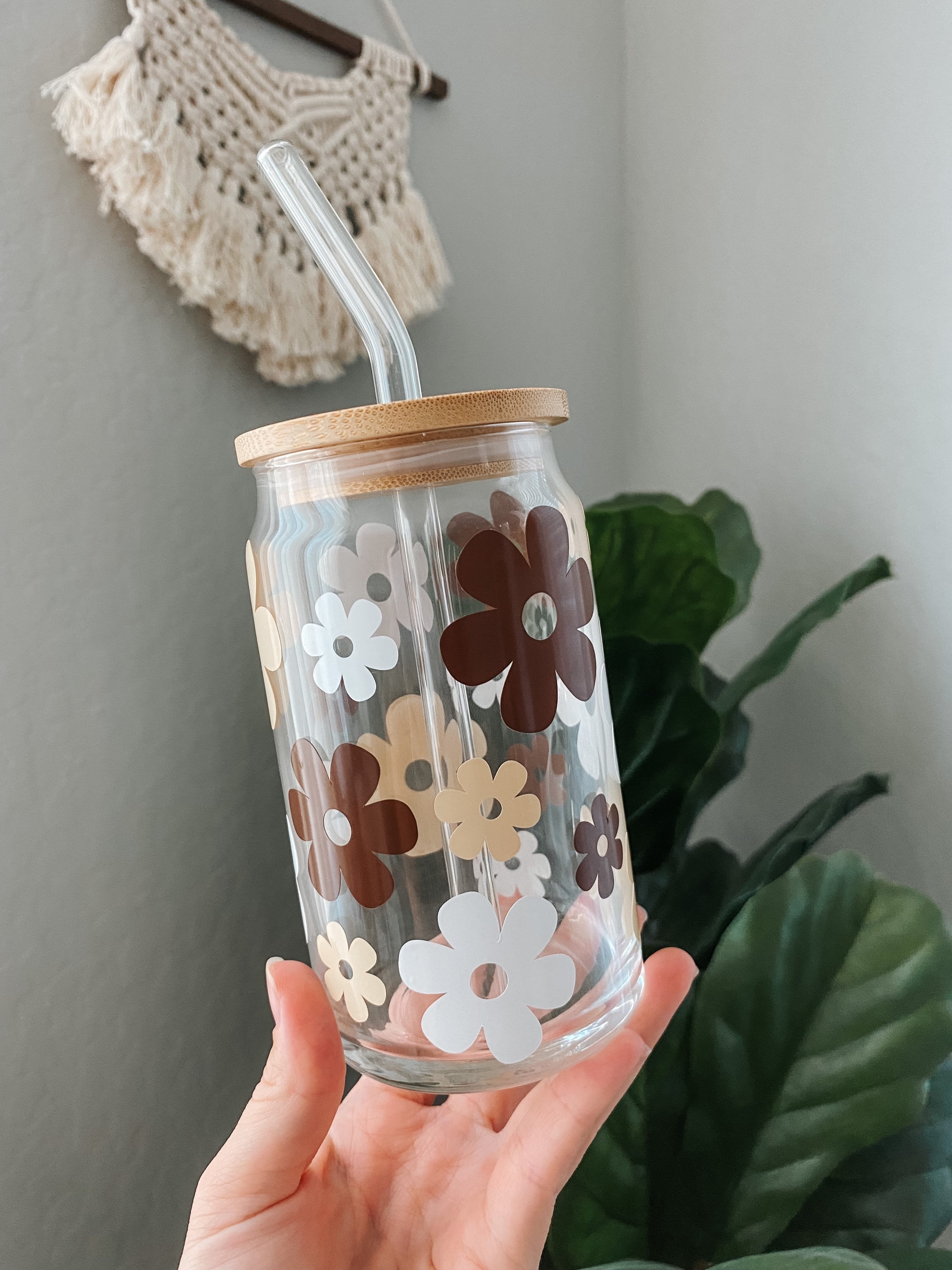 GROOVY FLOWER glass can cup w/ bamboo lid & straw | iced coffee glass cup | soda can glass cup | beer glass can cup | coffee cup