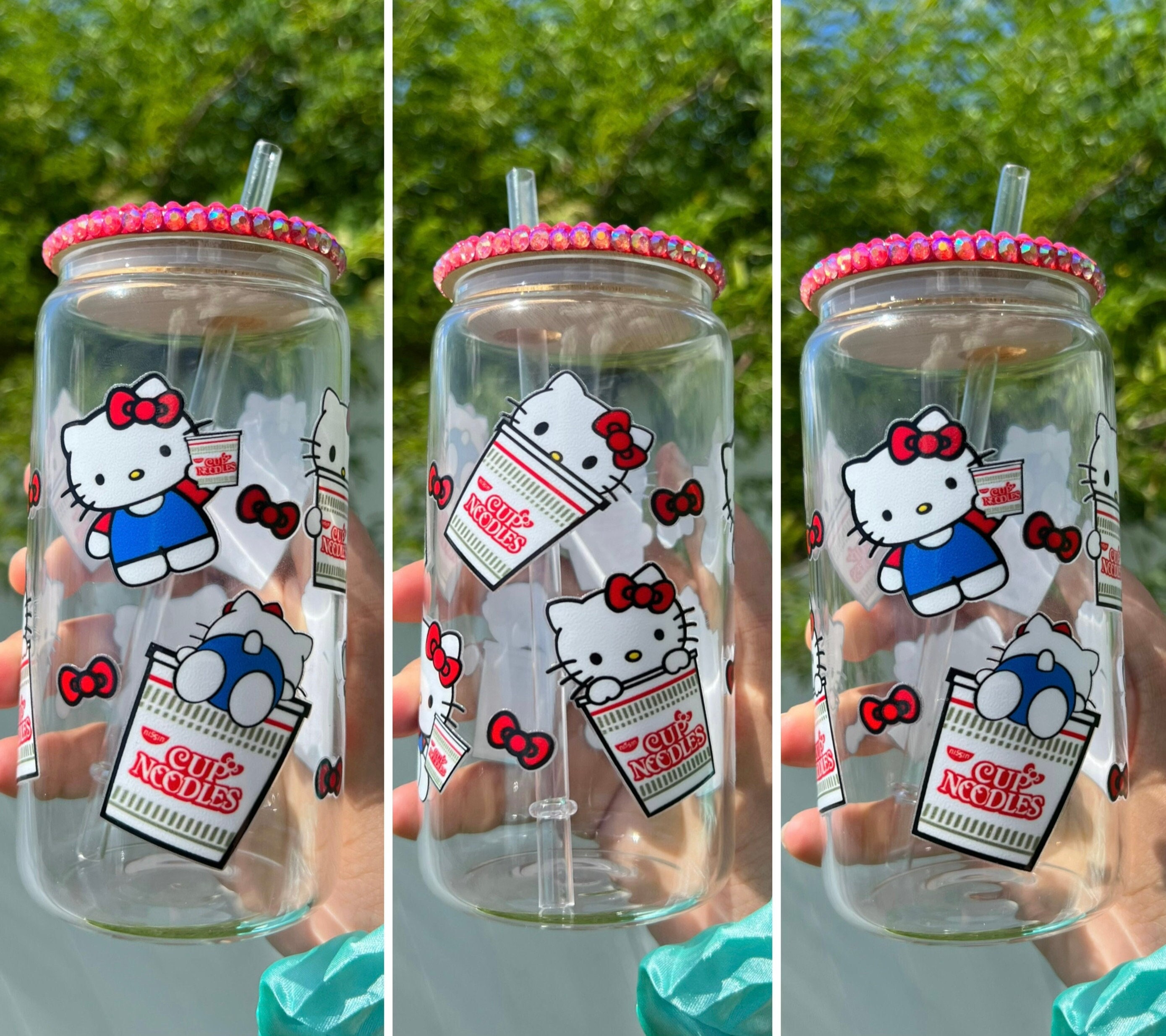 Ramen Kawaii Kitty 16 Oz Beer Can Glass Cup, HK Glass Cups, Cute Kawaii Glass Cups, Kawaii Tumblers, Hello K Glass Mugs, Custom Cups