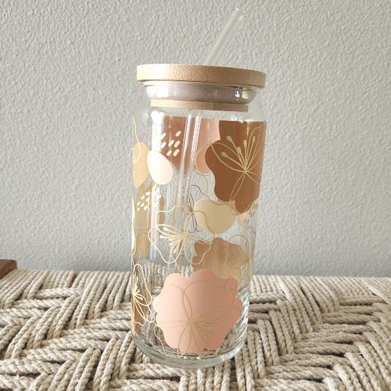 Boho Floral Beer Can Glass, Blush & Beige Coffee Cup