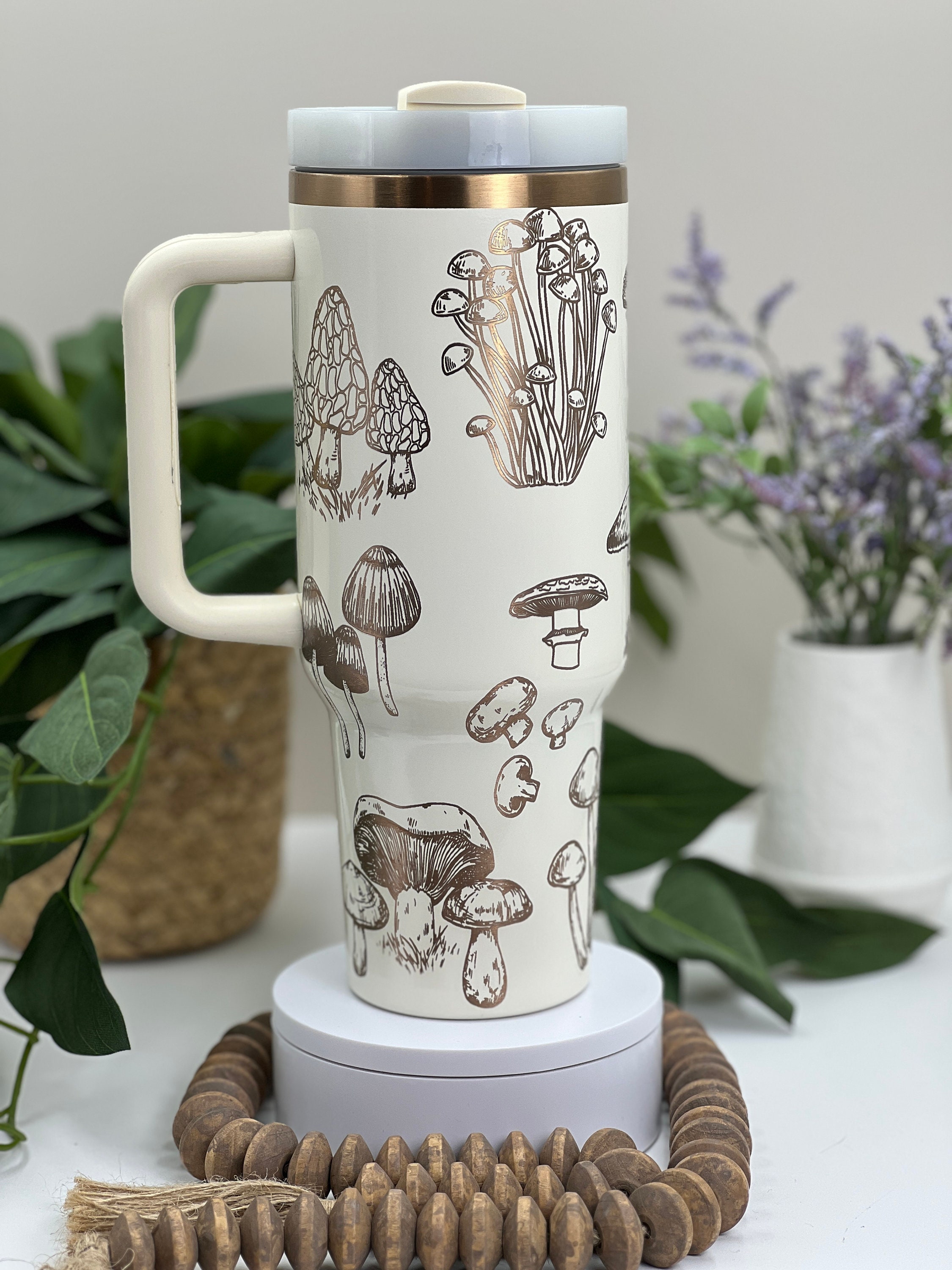 Mushrooms Laser Engraved 40oz Tumbler with Handle Lid and Straw, Custom Engraved Seamless Tumbler, Double Wall Insulated Cup