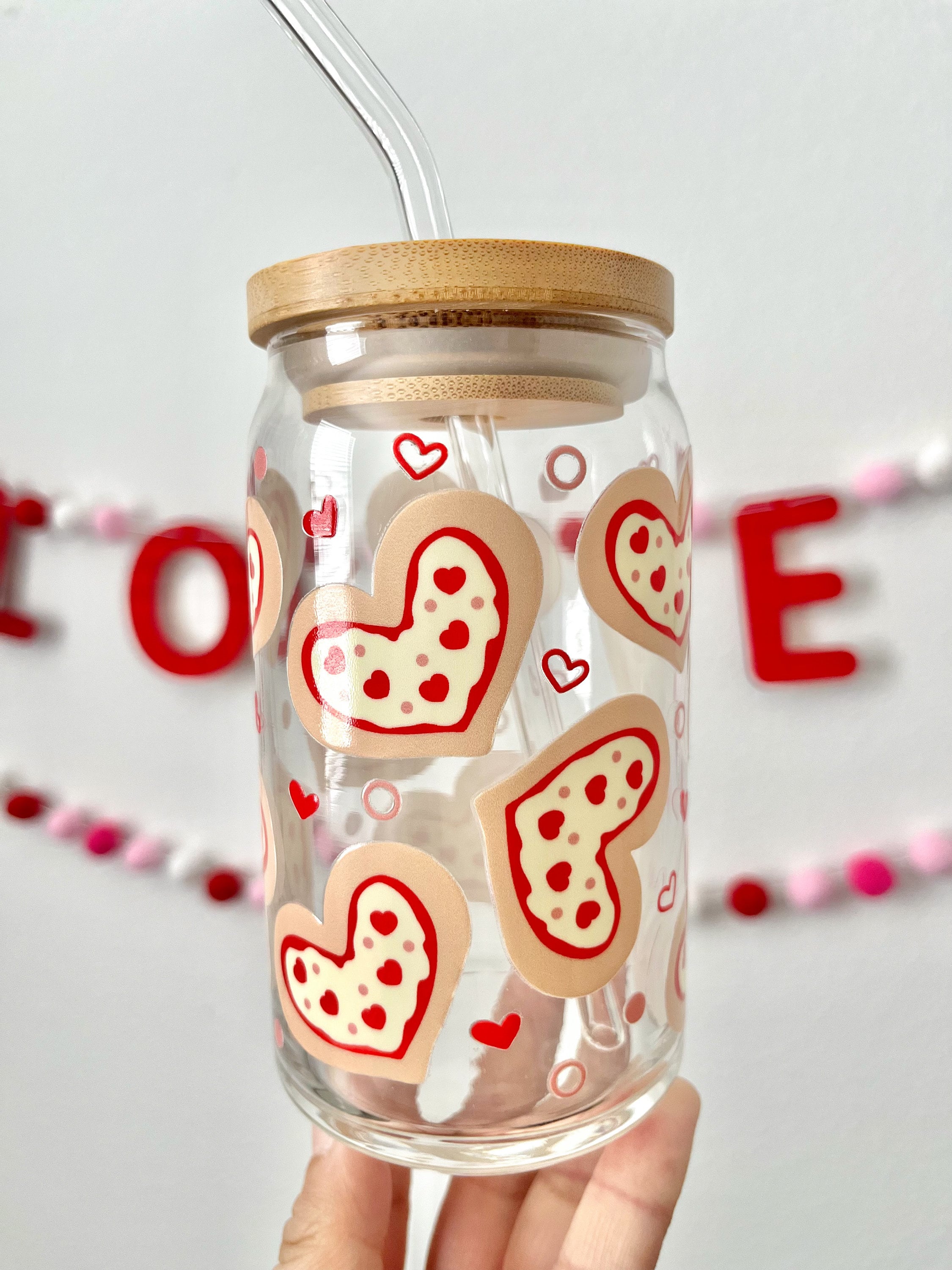 Pizza Hearts Glass Cup / Valentines Day Glass Cup / Iced Coffee Glass / Cute Coffee Cup / Valentines Gift / Gifts for Her