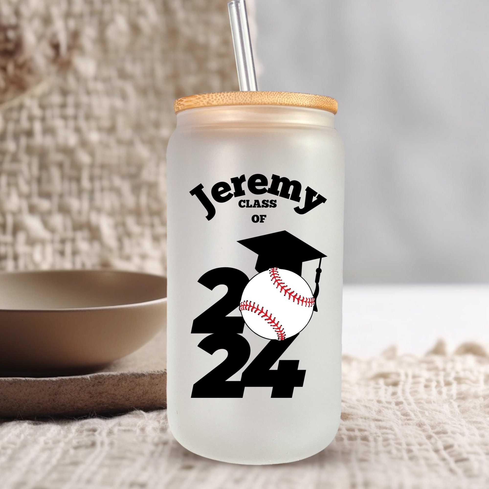 Personalized Baseball Graduation Gift for Him, 16oz or 20oz Frosted Beer Glass with Lid and Straw, Custom Class of 2024 Gifts