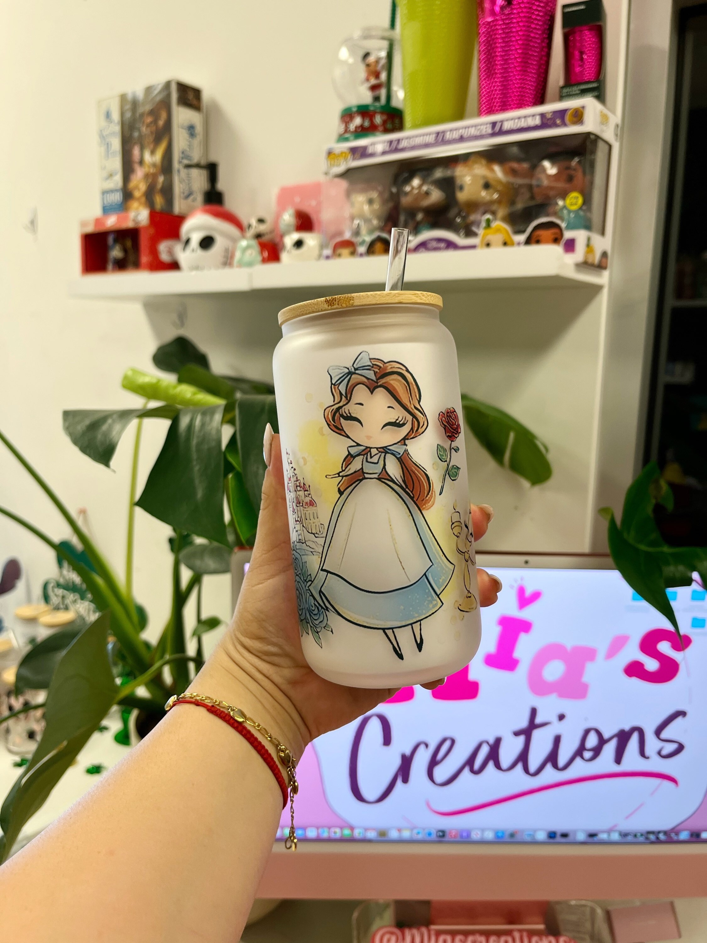 Belle Frosted glass can, Princess Belle glass can, Disney Princess glass can