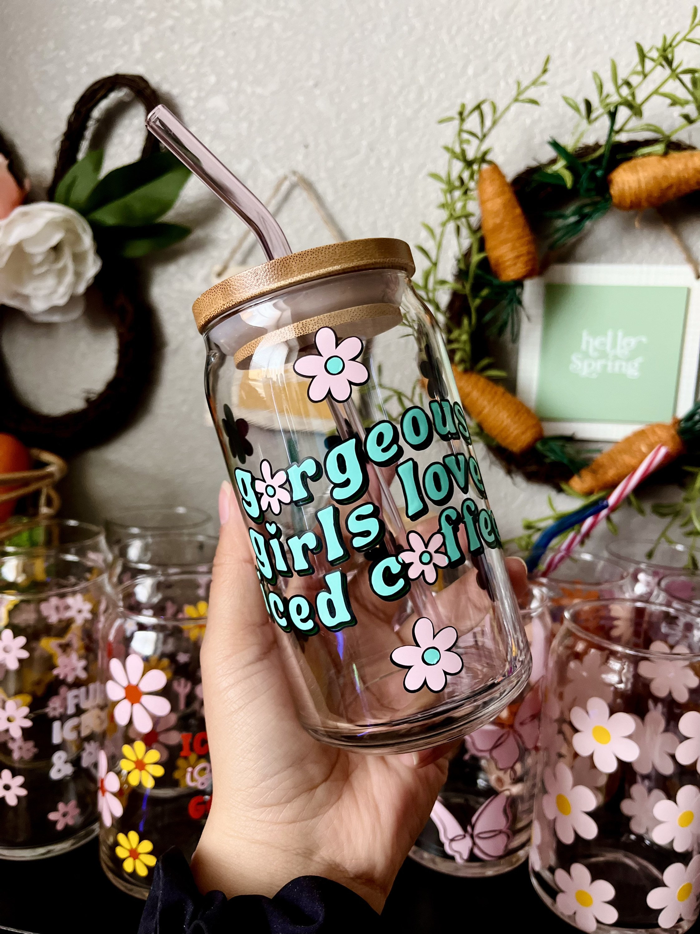 Gorgeous Girls Love Iced Coffee 16 oz Beer Can Glass | Spring Cup | Self Love | Iced Coffee | Smoothie | Boho | Gift | Mom | Flowers | Pink