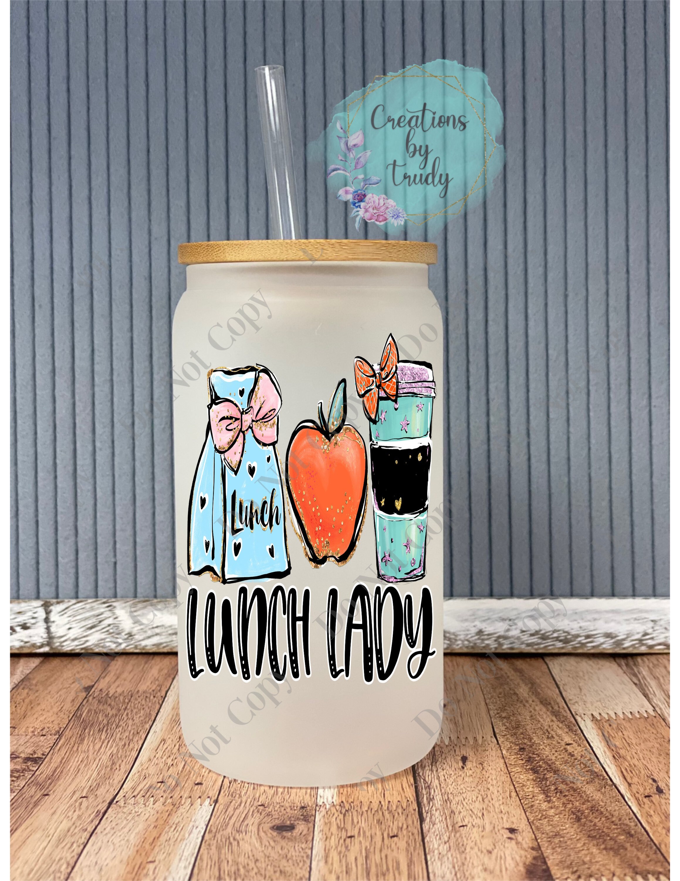 Lunch lady- frosted can shaped glass with lid and straw