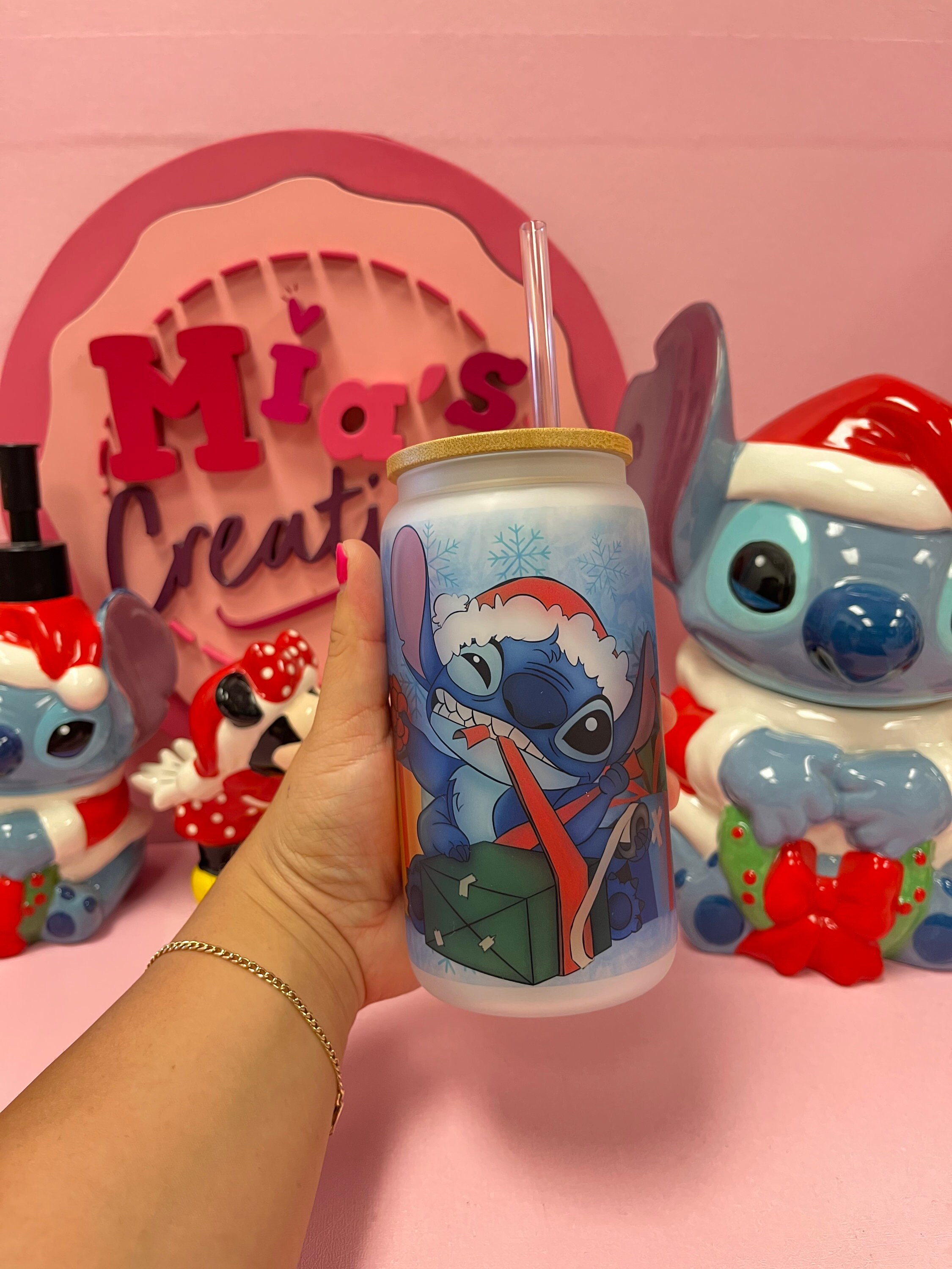 Stitch present Christmas frosted glass can, Stitch presents custom glass can