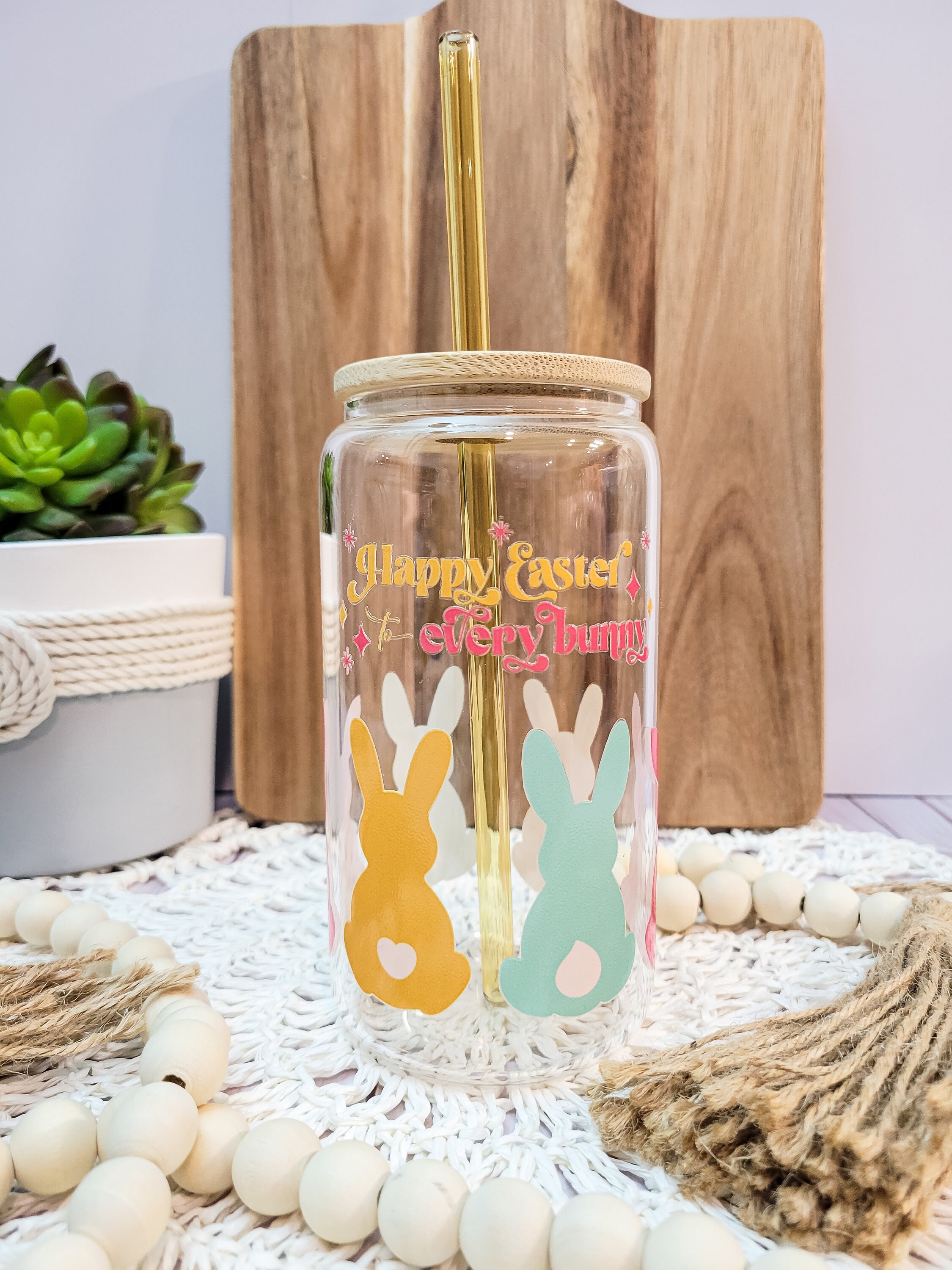 EASTER BUNNY GLASS Can, Happy Easter Everybunny, Iced Coffee Cup Glass with Lid, Bunny Tumbler, Spring Bunnies, Adult Easter Basket Stuffers