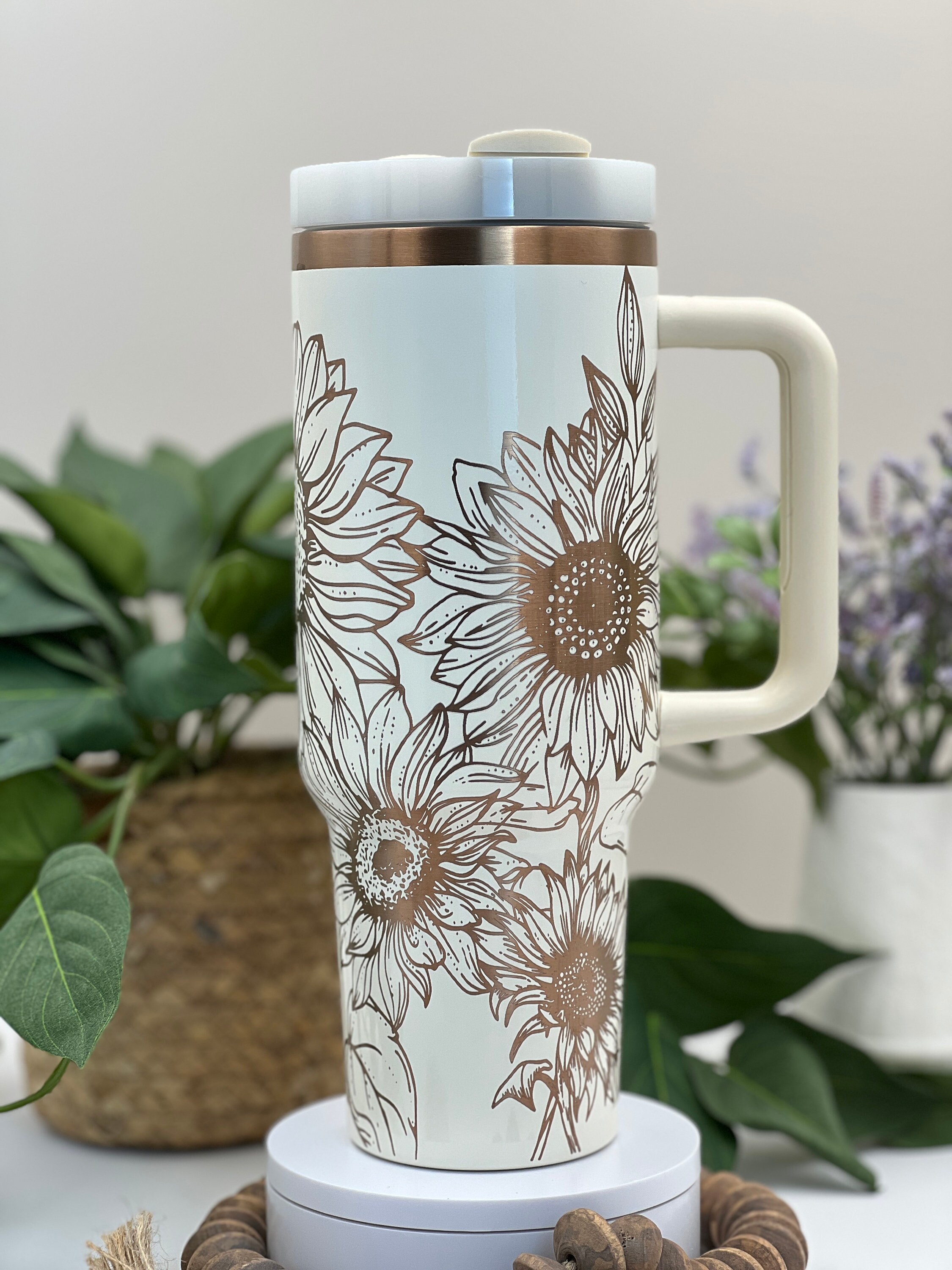 Sunflowers Laser Engraved 40oz Tumbler with Handle Lid and Straw, Custom Engraved Seamless Floral Tumbler, Double Wall Insulated Cup