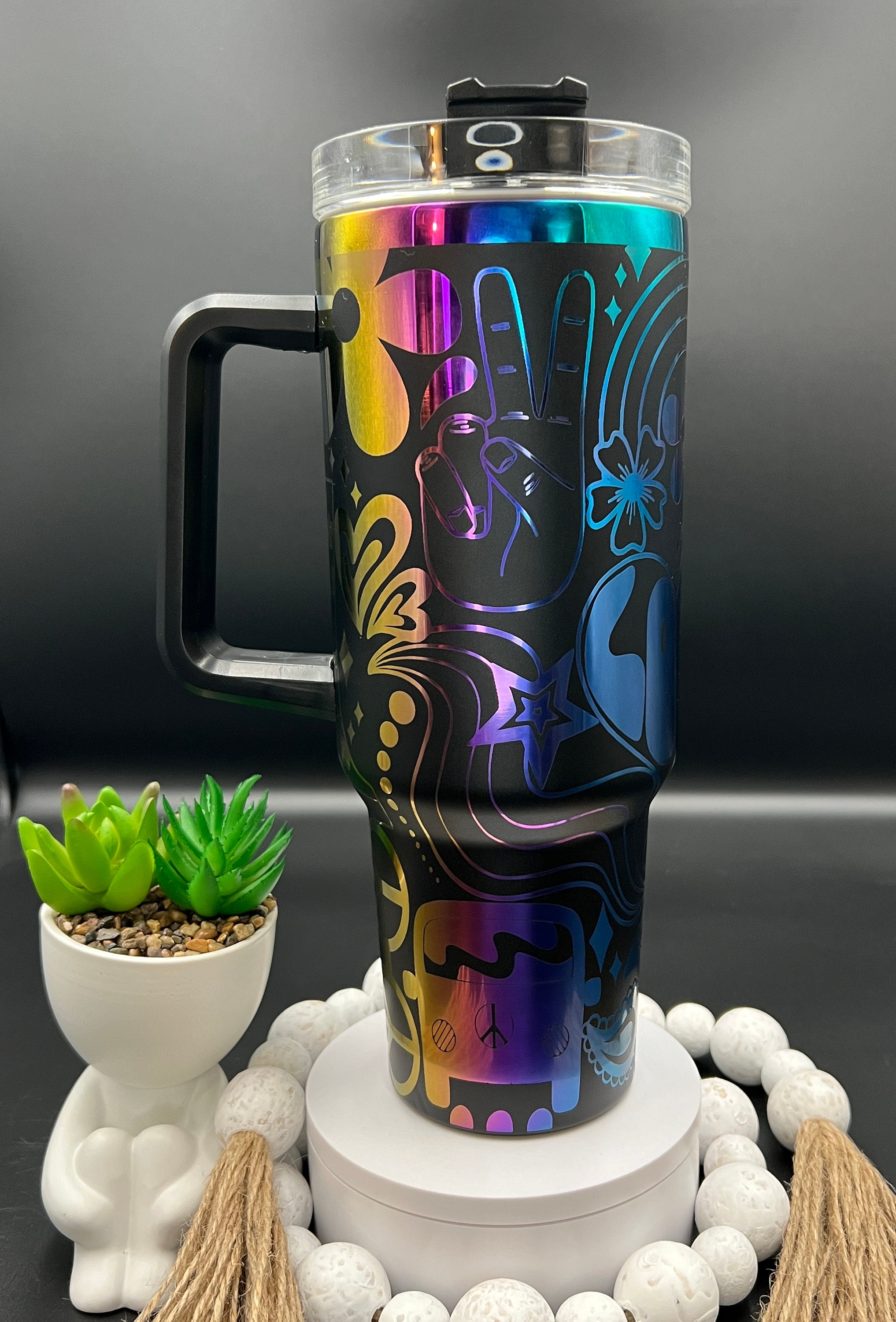 Groovy Retro 70’s Laser Engraved 40oz Black Rainbow Seamless Non Branded Tumbler w/ Handle Lid & Straw, Double Wall Insulated READY TO SHIP