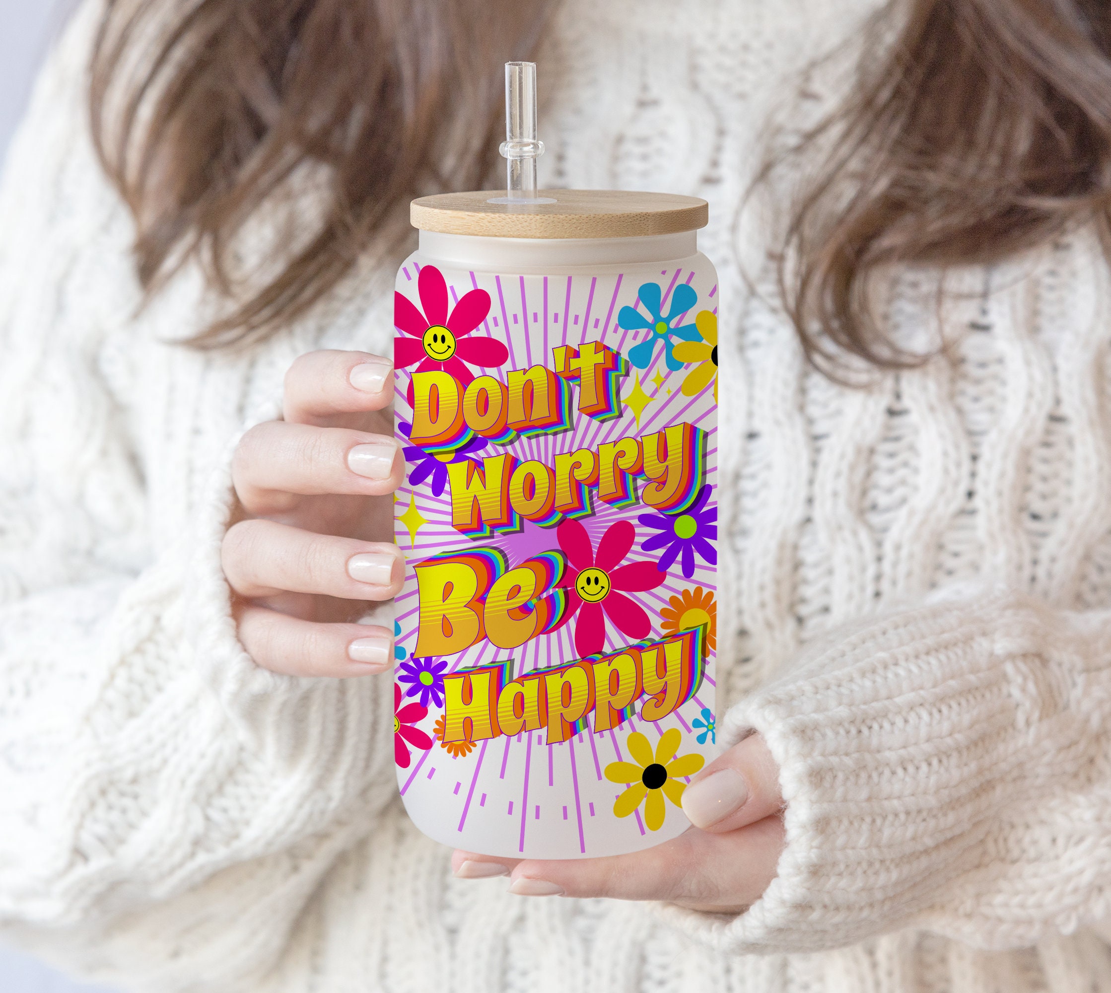 16 oz Libbey Glass Can Tumbler Sublimation Retro Smiley happy Groovy Don’t Worry Be Happy | Retro stay groovy png file