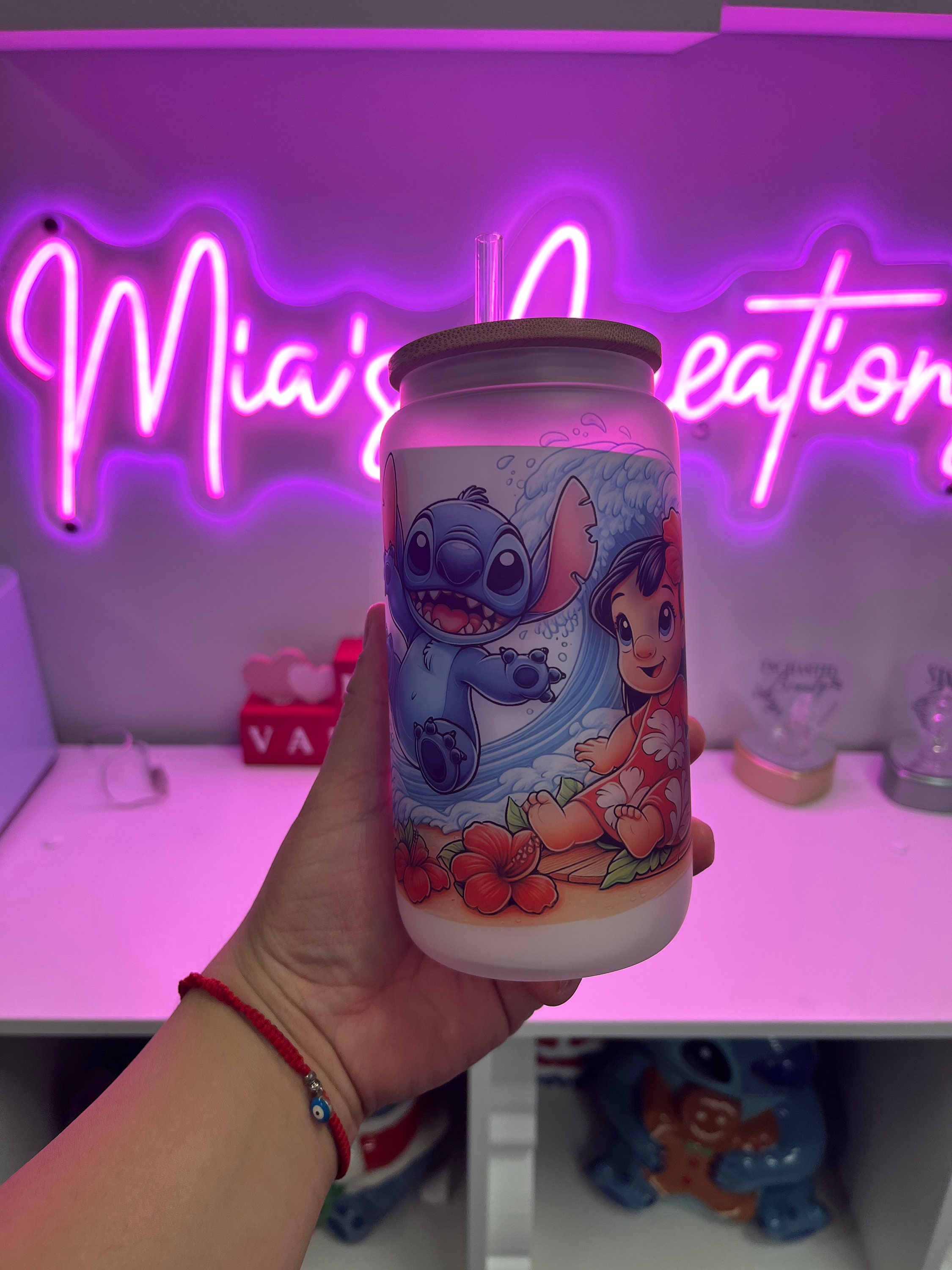 Lilo and stitch custom glass can, Lilo and stitch glass can