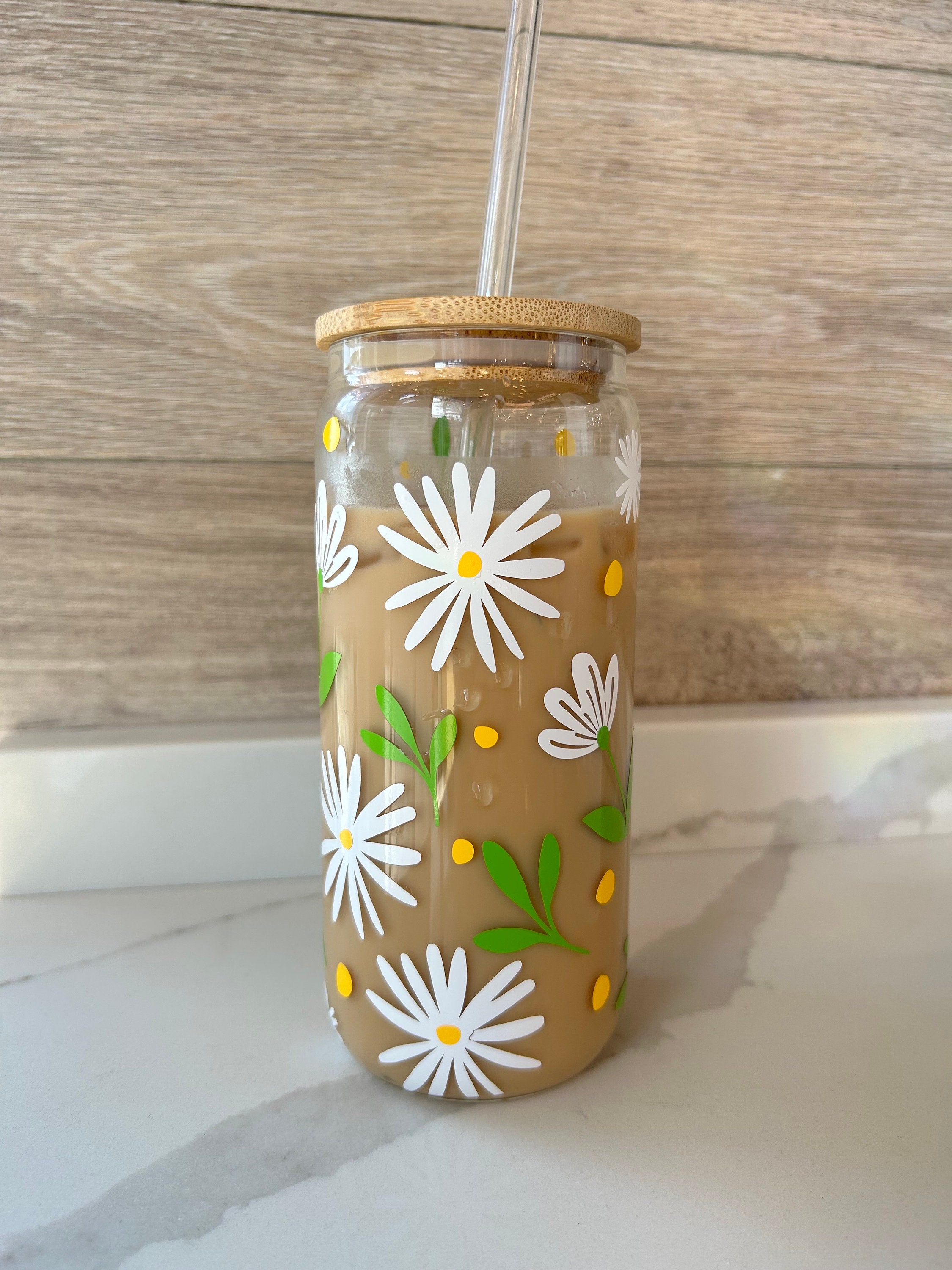 Daisy Iced Coffee Glass Cup | Spring Floral Glass Cup with Bamboo Lid and Glass Straw | Daisy Beer Can Glass | White daisy cup | Flower Cup