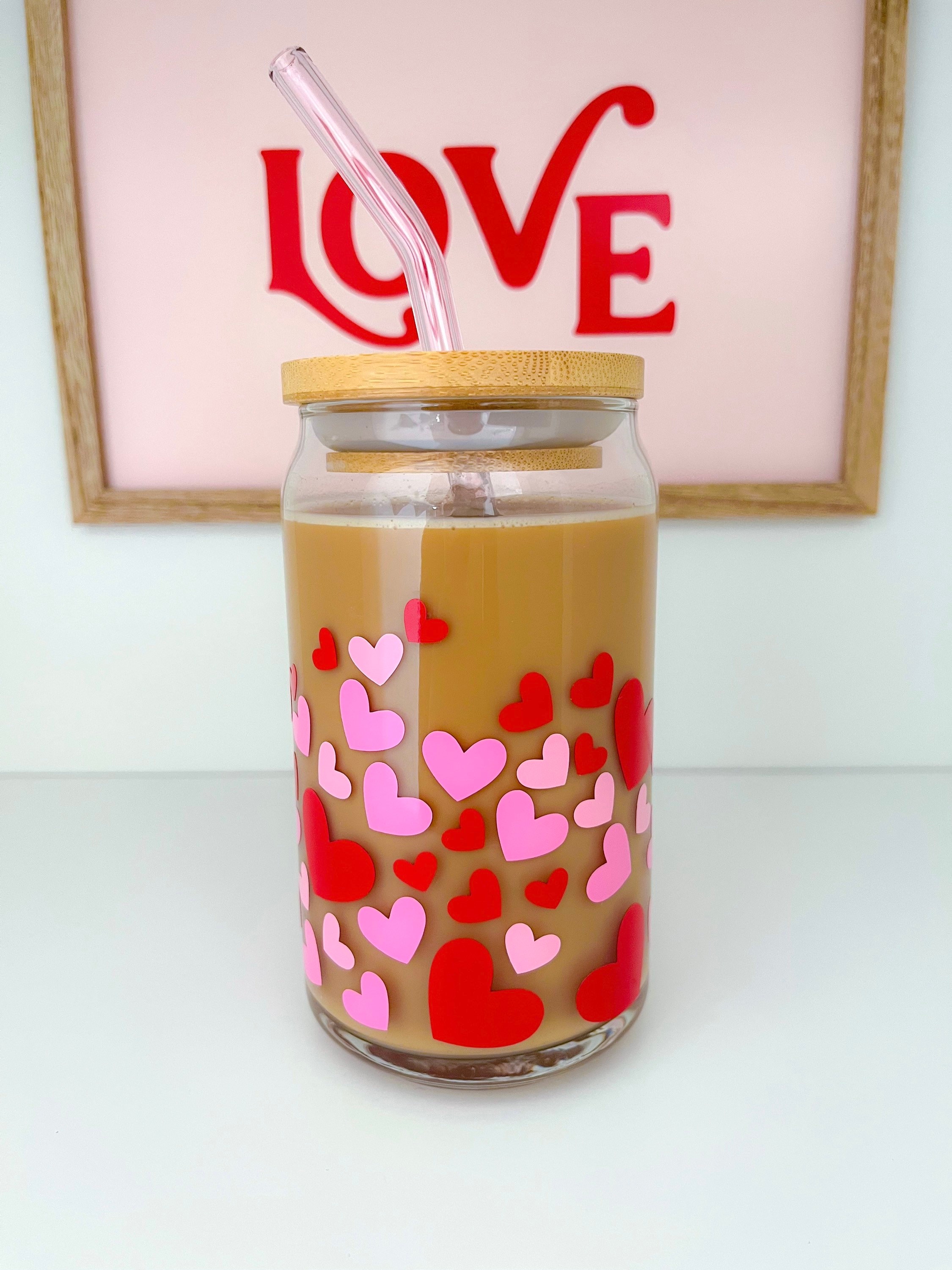 Hearts Glass Cup / Valentines Glass Cup / Iced Coffee Glass / Floating Hearts Glass Cup / Cute Coffee Cup / Valentines Gift / Gifts for Her