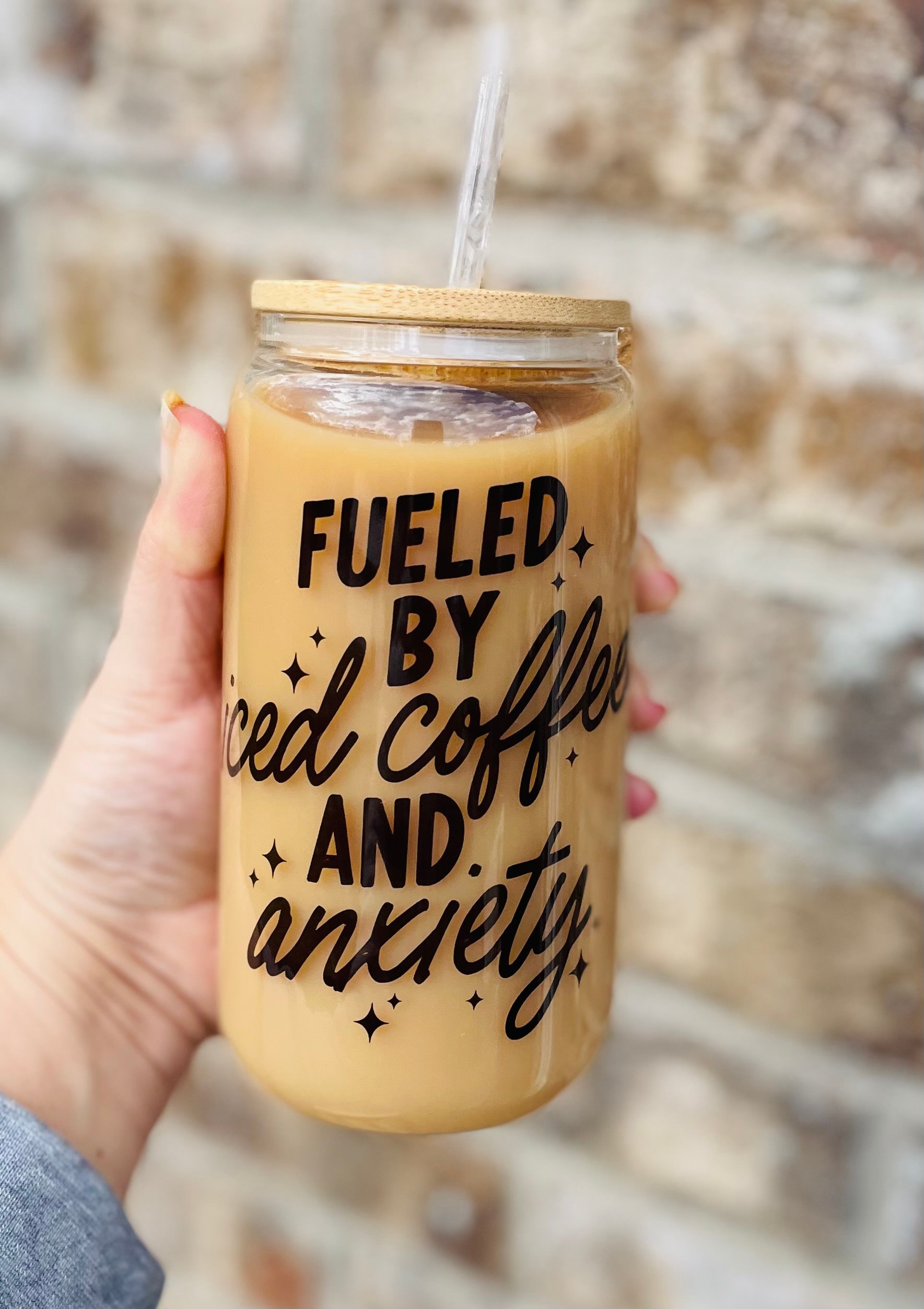 Fueled by Iced coffee and  Anxiety| Iced Coffee Beer Glass Can| Iced Coffee Can| Libbey Glass| Iced Coffee Clear Can