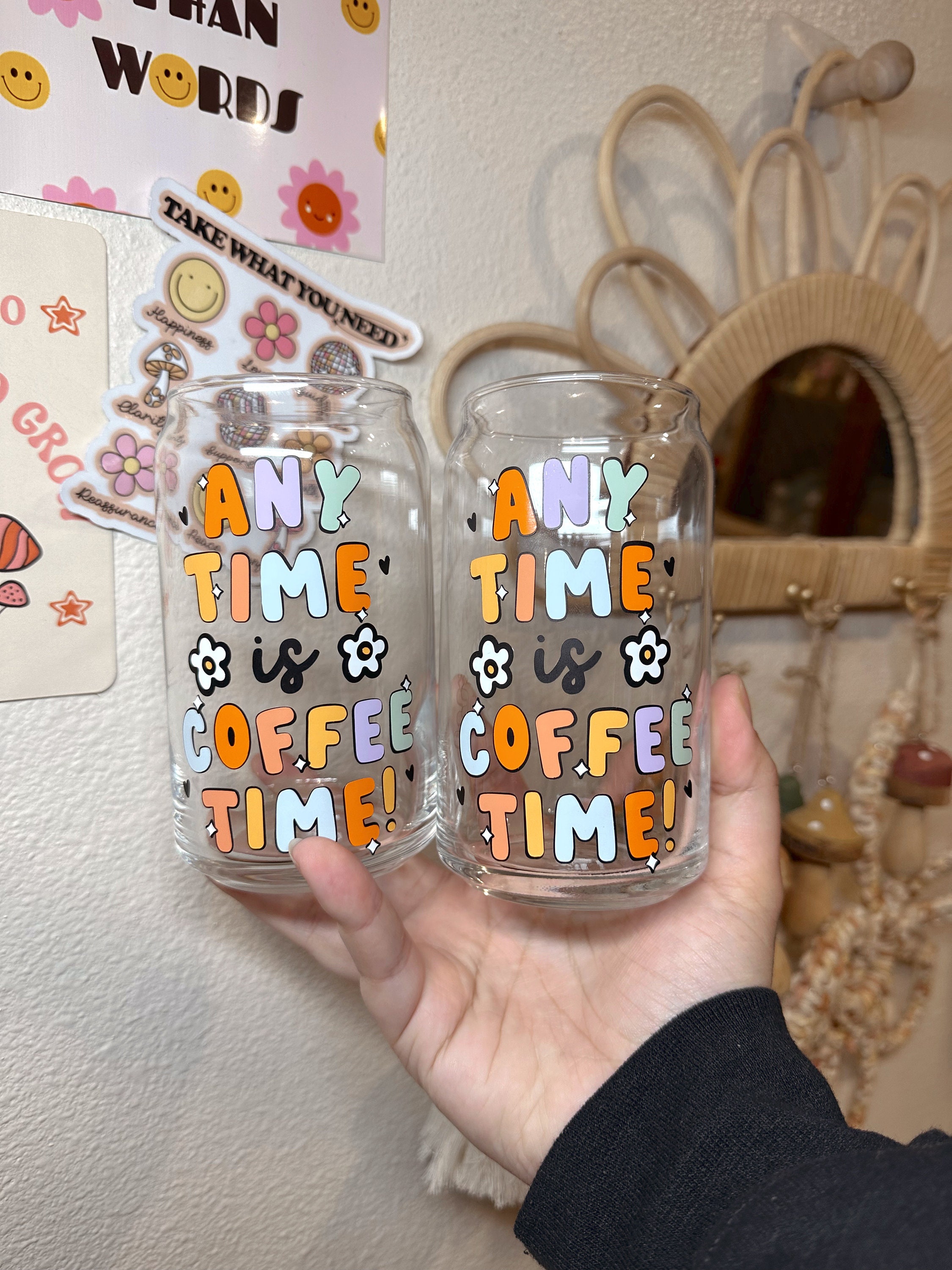 Any Time Is Coffee Time Glass Cup, Coffee Glass Cup, Trendy Glass Cup, Retro Glass Cup, Iced Coffee Cup