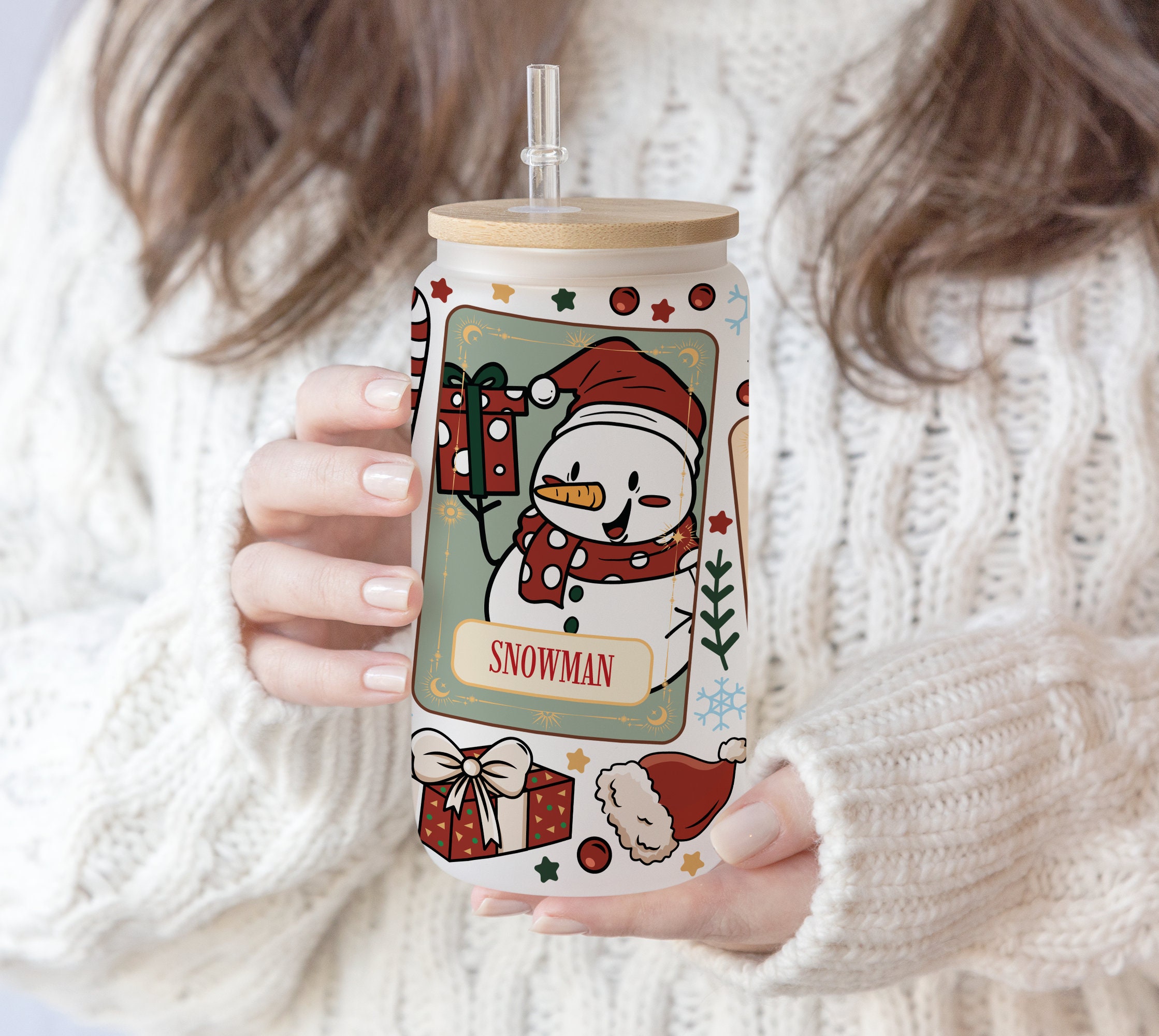 16 oz Libbey Beer Glass Can Cute Retro Christmas Tarot Cards | Snowman Gingerbread man and Chirstmas Light Digital Boho Winter Download PNG