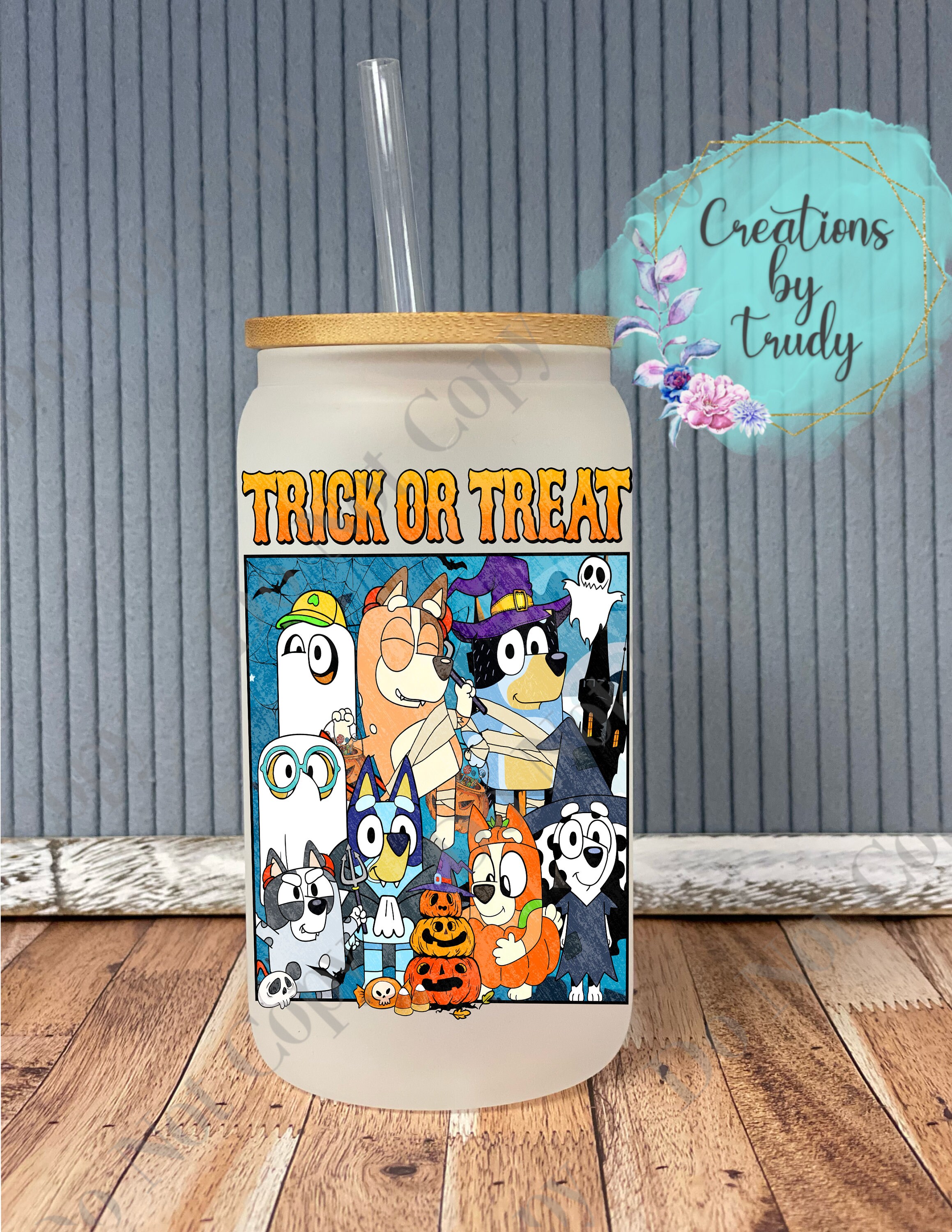 Trick or treat heeler clan tv show- frosted can shaped glass with lid and straw