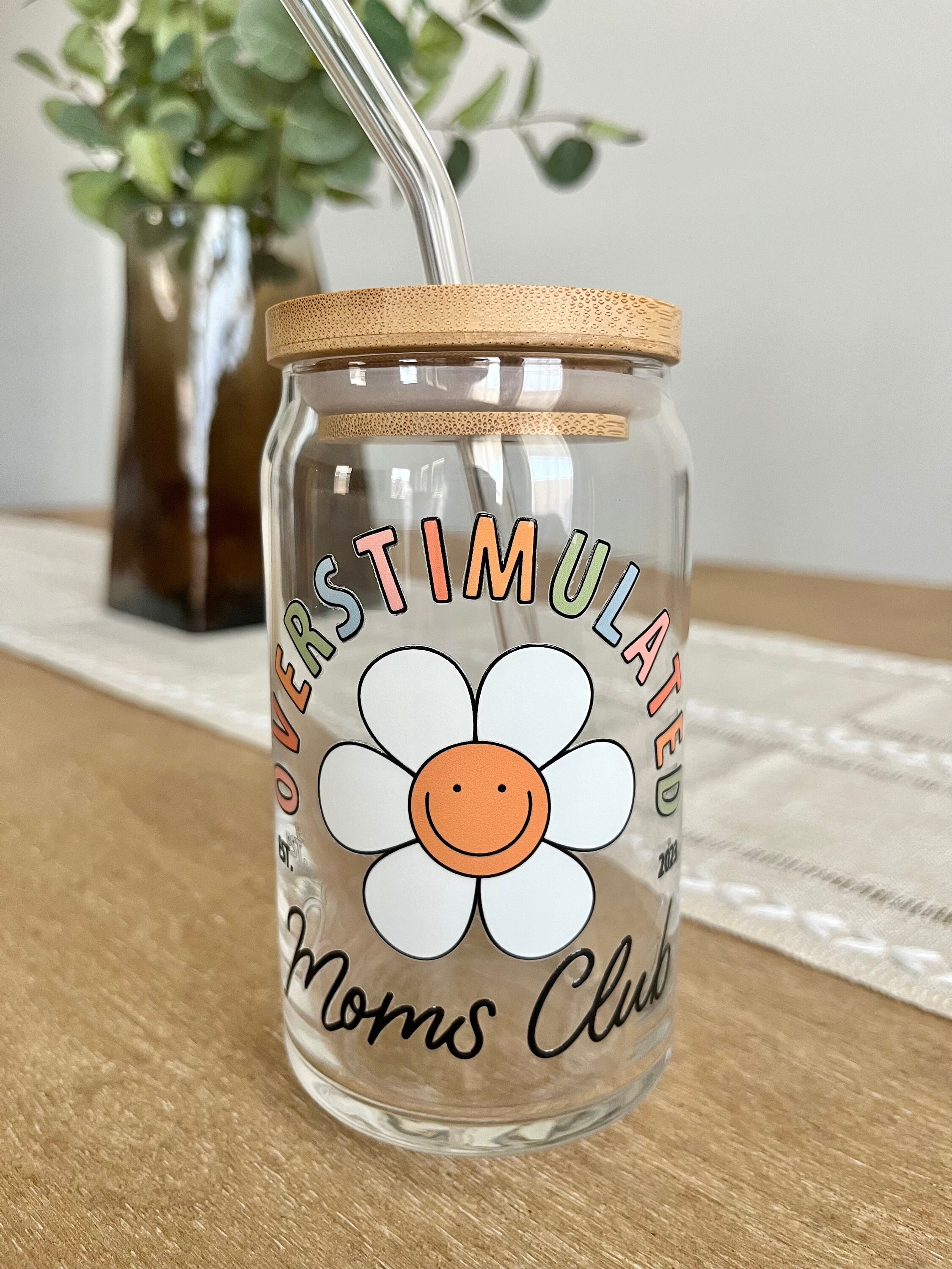 Overstimulated Moms Club Glass / Mom Glass Cup / Retro Glass Cup / Gifts for Her / Cute Glass Cup / Iced Coffee Cup / Gifts for Mom