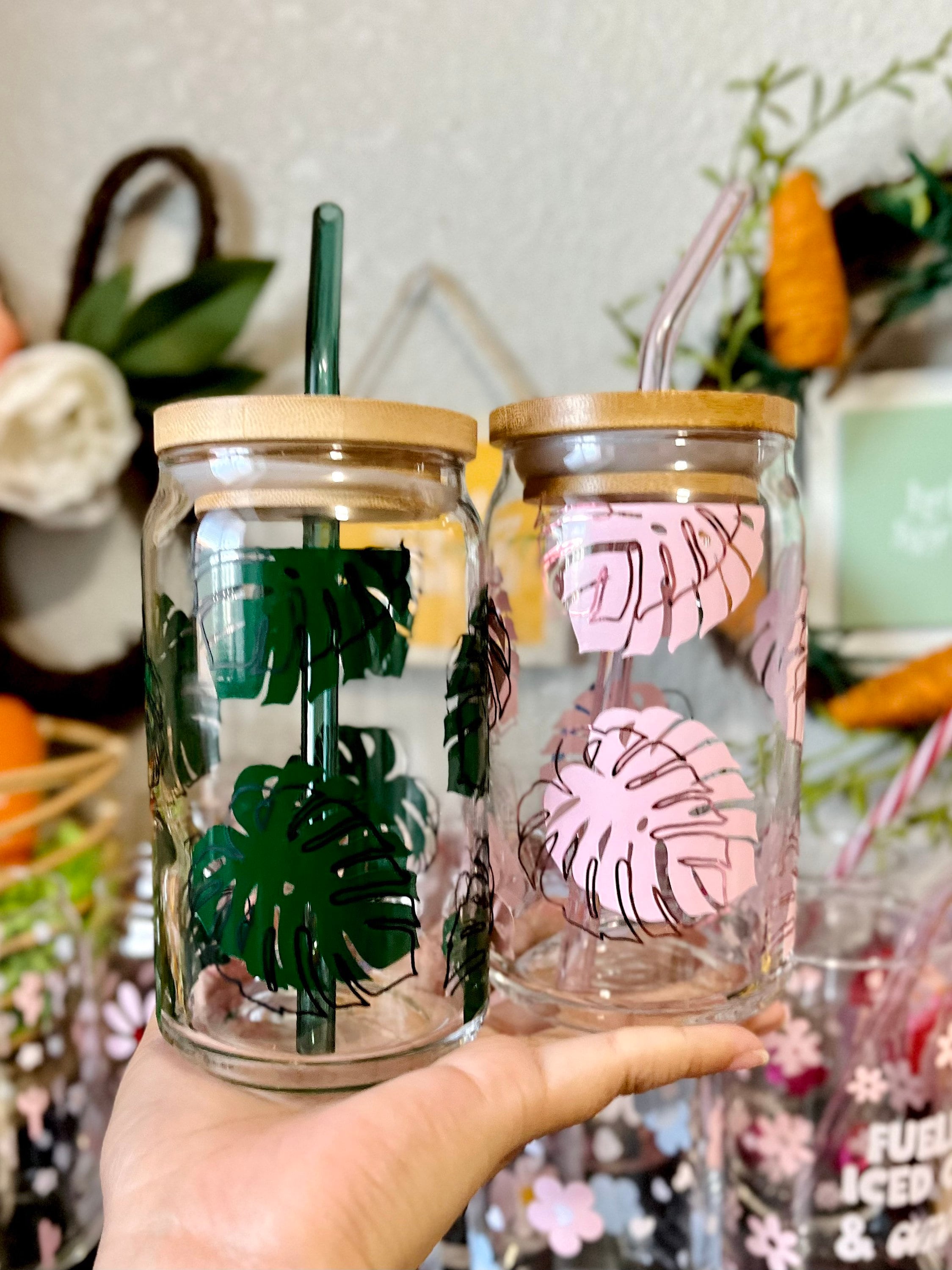 Monstera 16 oz Beer Can Glass | Spring Cup | Self Love | Iced Coffee | Smoothie | Boho | Gift |Plant Mom | Flowers | Pink |Groovy Butterfy