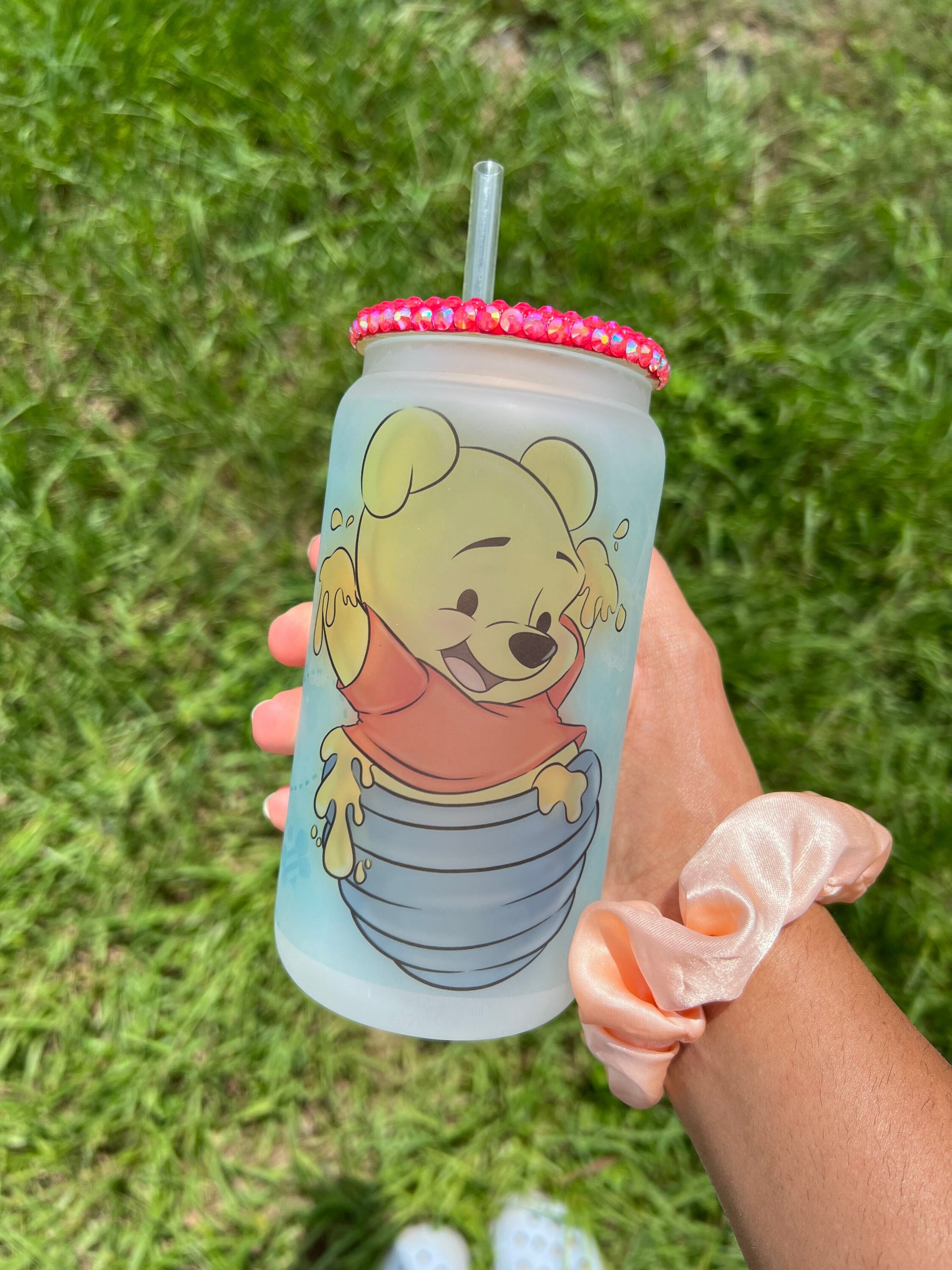 Baby Winnie the Pooh Personalized Frosted Beer 16 OZ Glass Can Cup | Disney Gifts |Coffee Glass Cups| Winnie The Pooh Cups | Rhinestone Lids