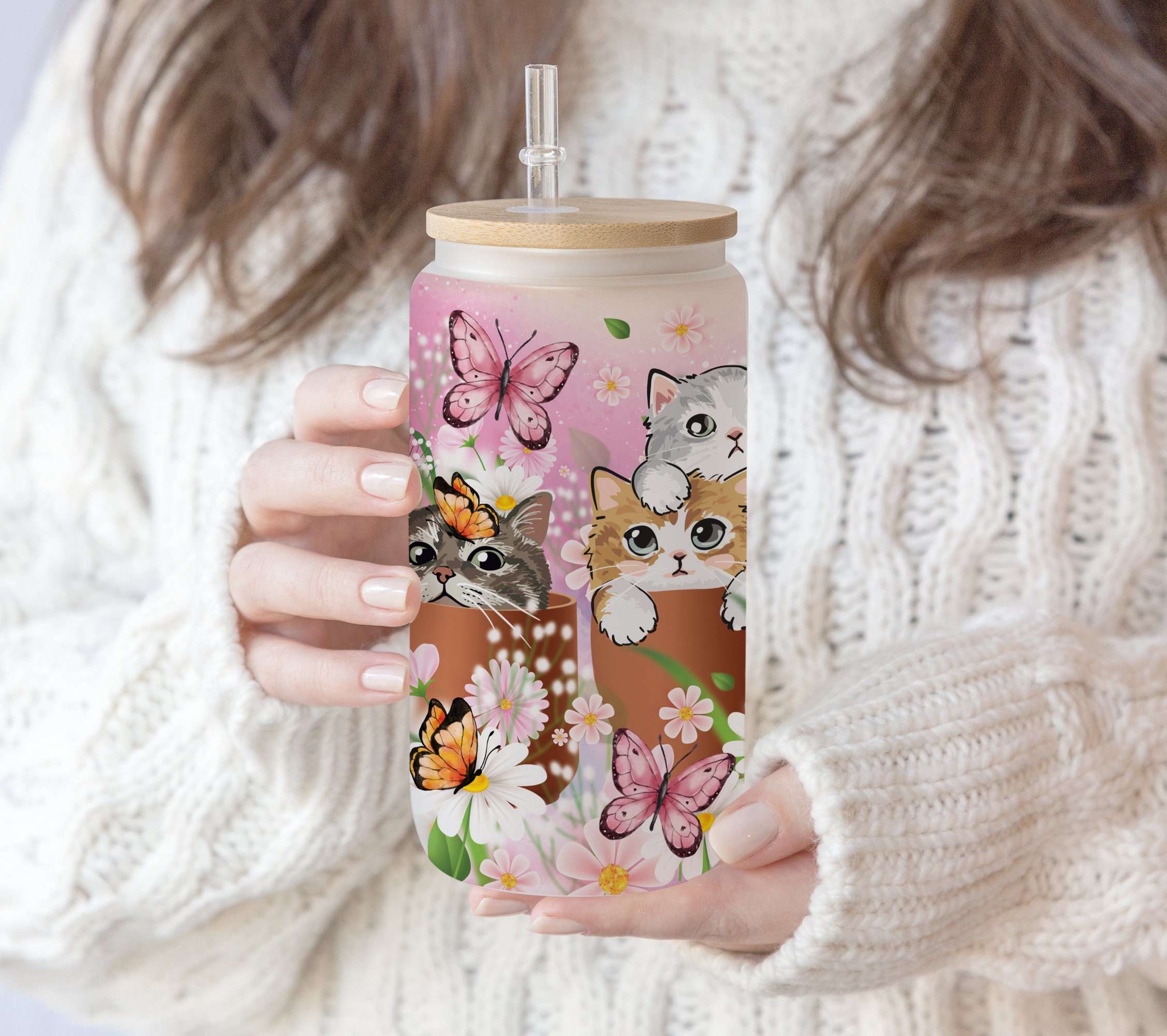 16 oz Libbey Beer Glass Can Tumbler Sublimation Cute Kitty Cat Flower Butterflies Rose flower Animals lover png cat lover png download