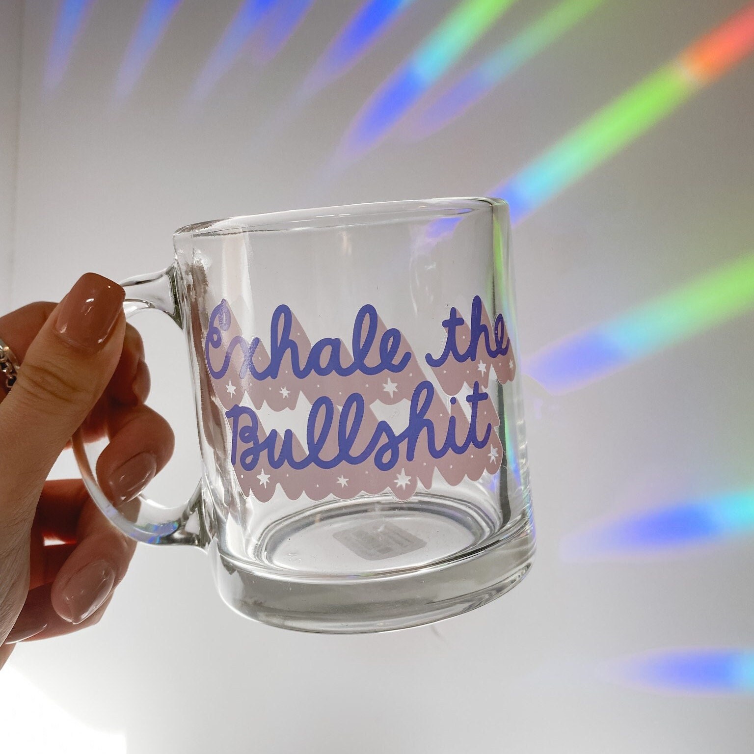 Exhale The Bullshit Glass Mug, Coffee Mug, Hot Tea Mug, Clear Mug