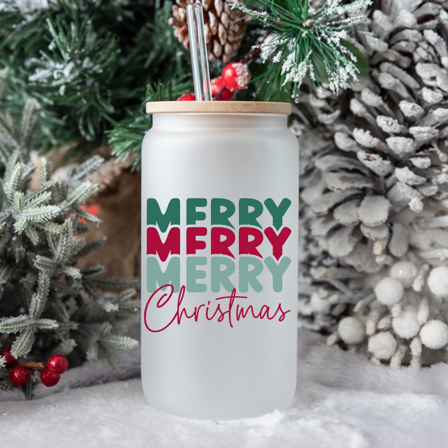 Merry Christmas Beer Can Glass | Christmas Glass Cup | Christmas Can Glass | 16 oz Libbey Glass | Coffee Glass | Christmas Coffee Can