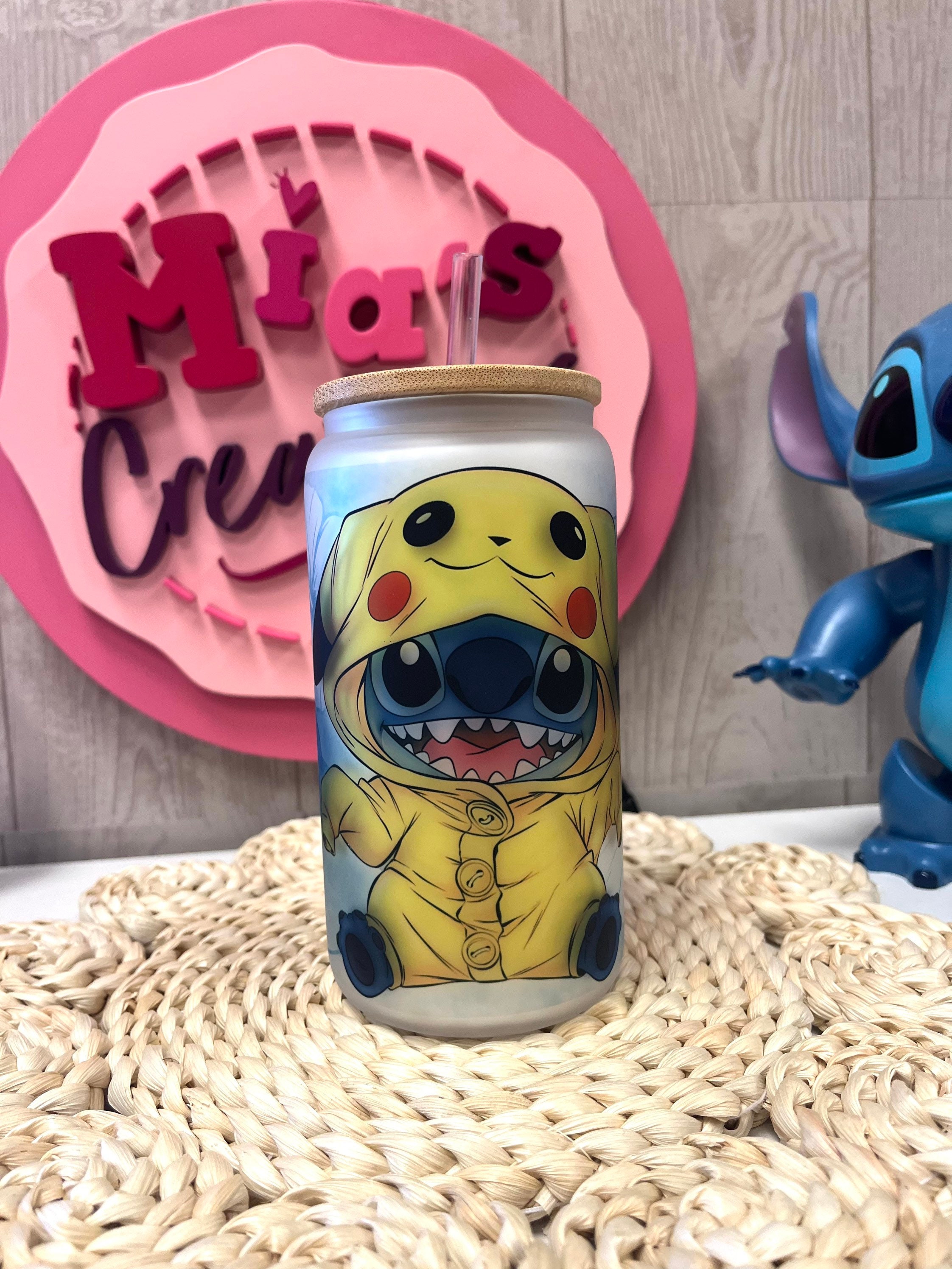 Stitch Pikachu frosted glass can, Stitch Pikachu glass can, Stitch custom glass can