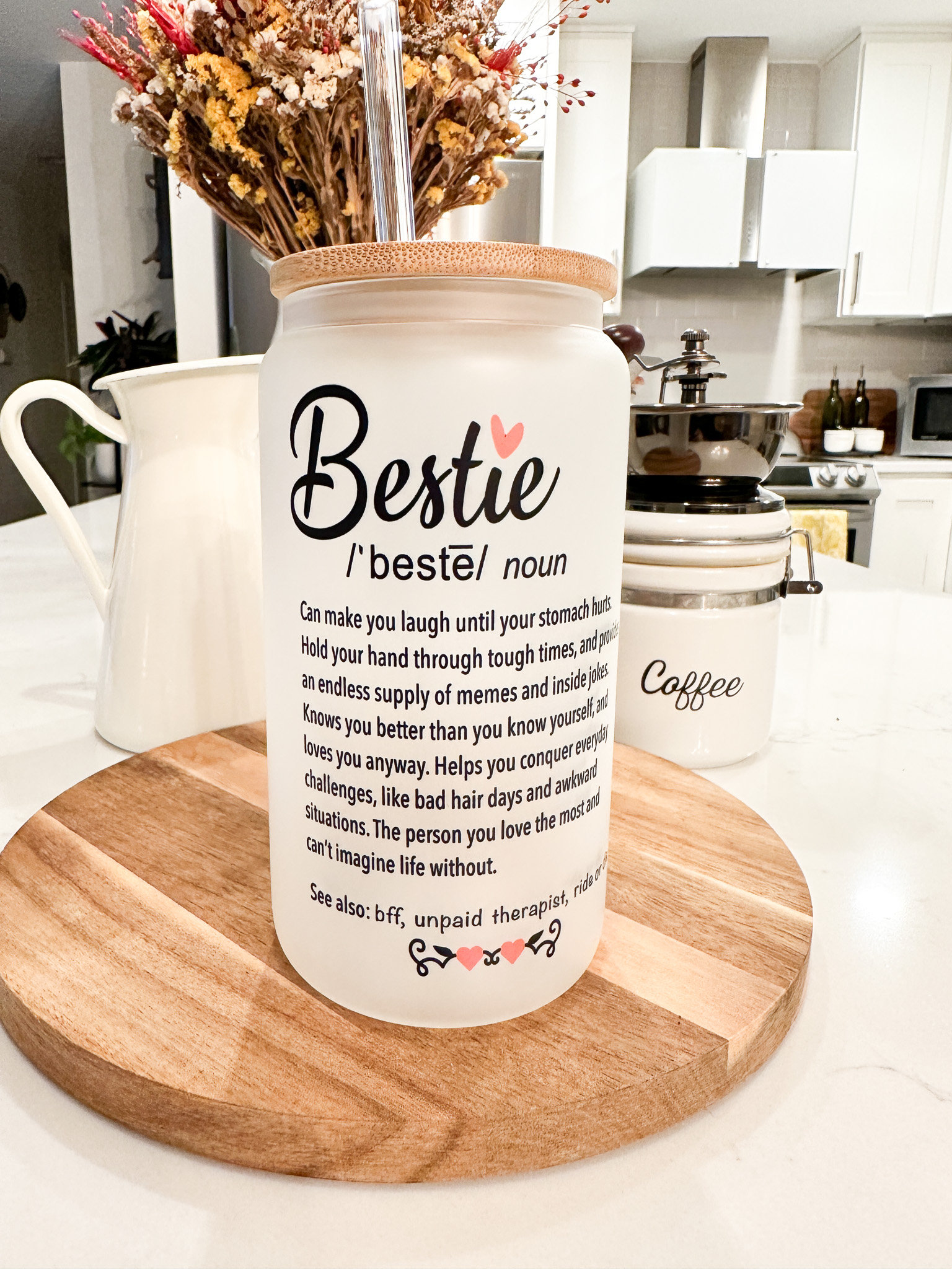 Bestie Frosted Can Glass, Birthday Iced Coffee Glass, Best Friend Gift, Friendship Birthday Gift, 16 oz Glass Cup w/ Lid & Straw, Bestie Cup