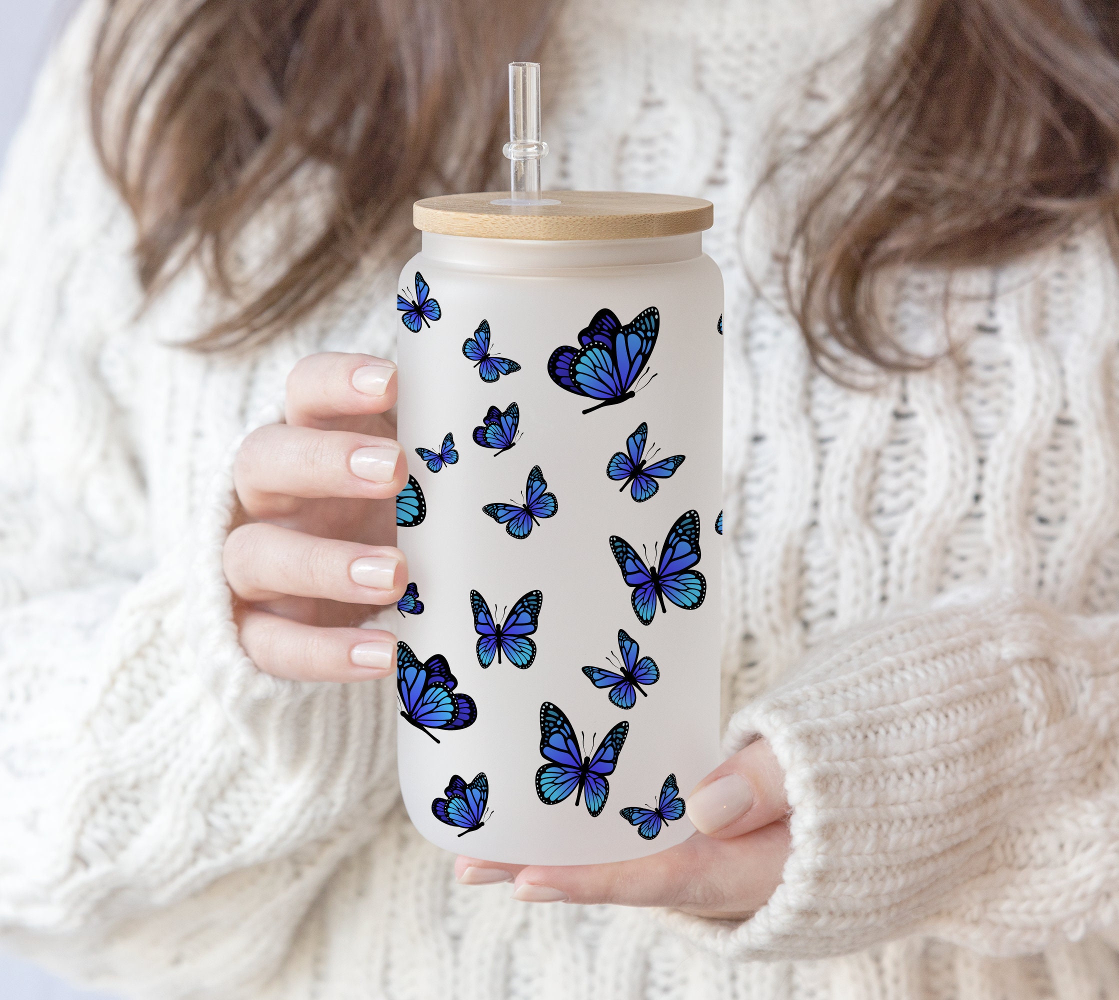 16 oz Libbey Glass Can Tumbler Sublimation Design Butterfly gift for Mom | Mother’d Day | Mama Tumbler Wrap Blue butterflies png