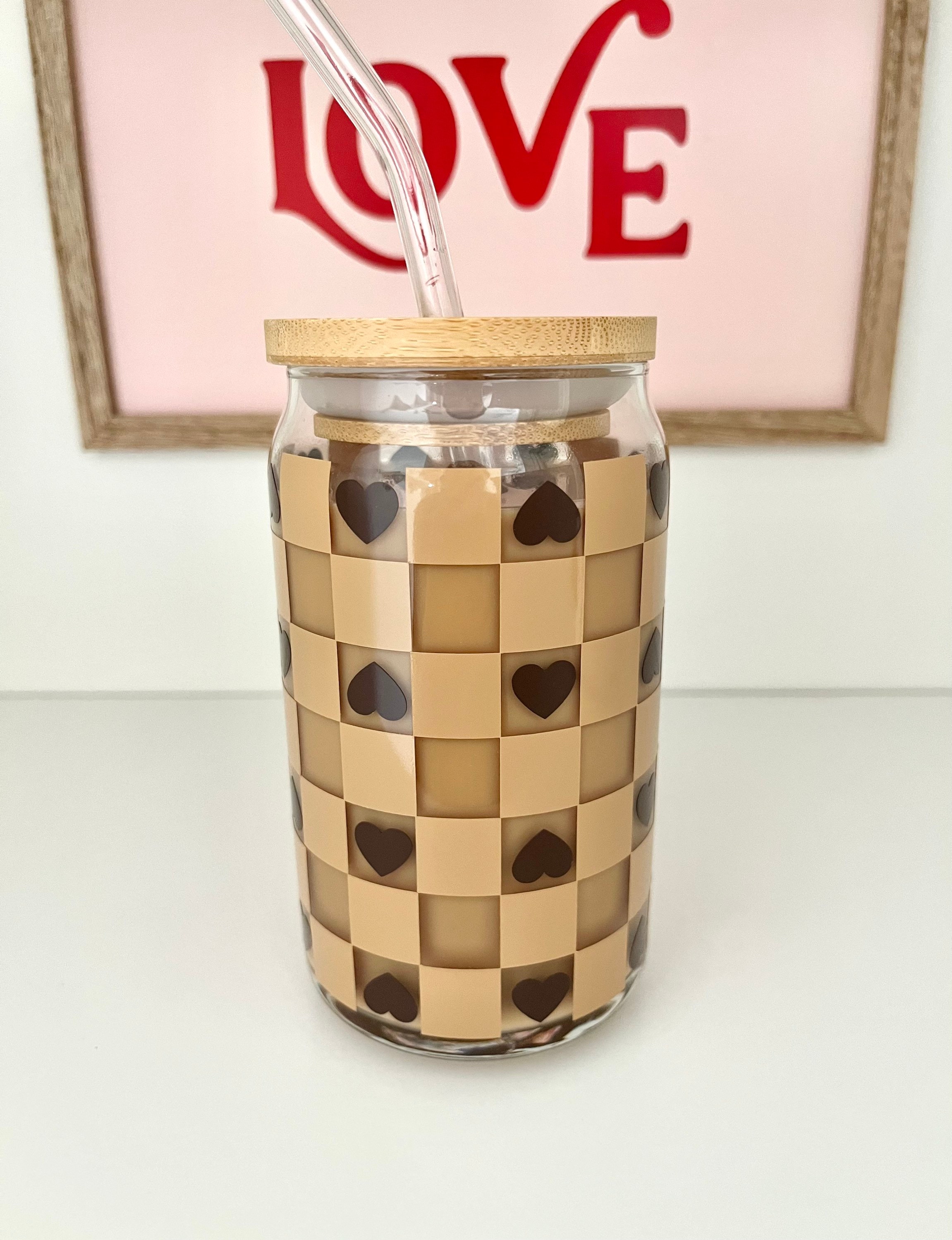 Checkered Hearts Glass Cup / Valentines Glass Cup / Iced Coffee Glass / Hearts Glass Cup / Cute Coffee Cup / Valentines Gift / Gifts for Her