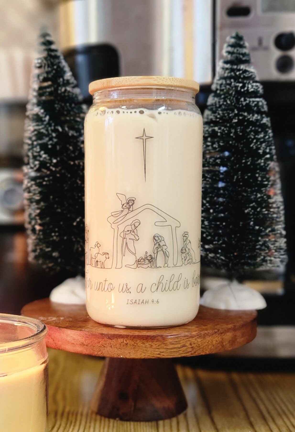 Nativity scene, Christian gift, floral cup, Iced Coffee Cup , Glass Can , Glass Cup with Lid and Straw , Gifts for Women, coffee aesthetic