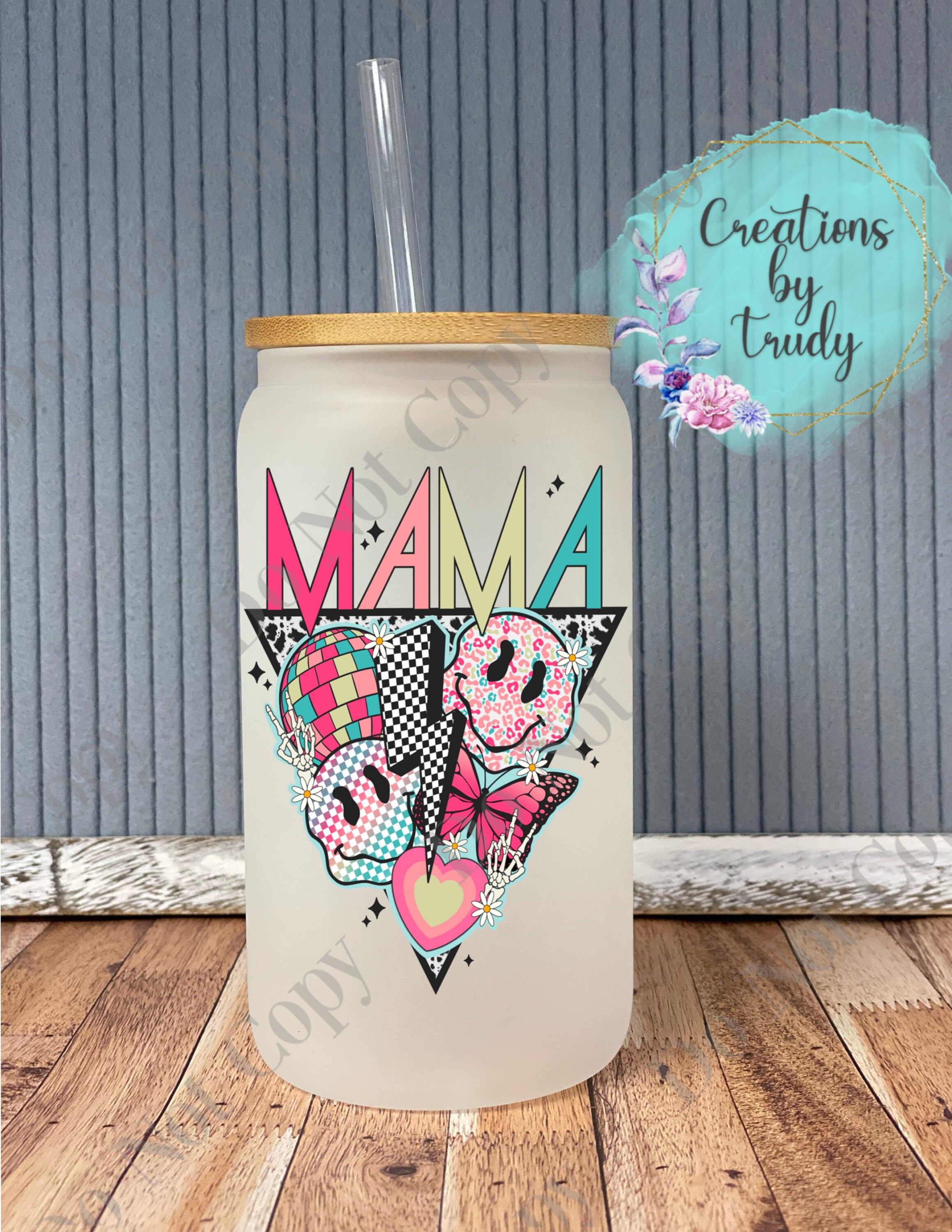 Mama pop fun designs- frosted can shaped glass with lid and straw