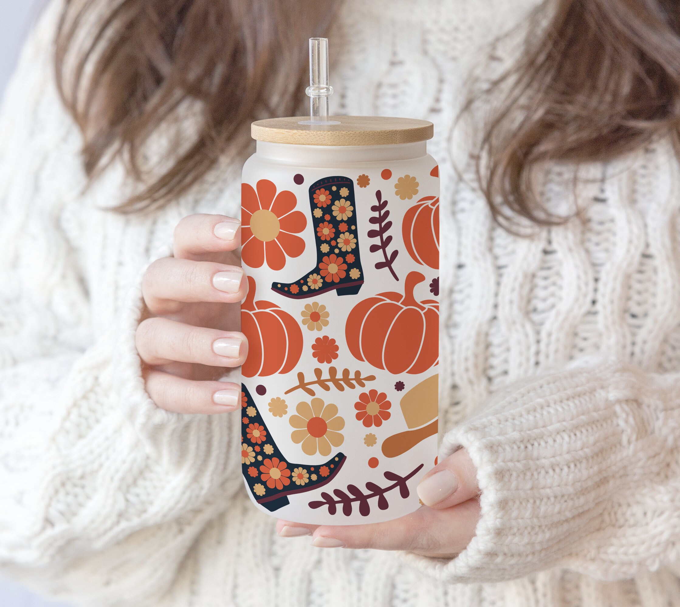 2 Files 16 oz Libbey Beer Glass Can Cute Retro Halloween Western Spooky Vibes PNG Sublimation Design, Boho Fall, Autumn, Vintage ,pen wrap