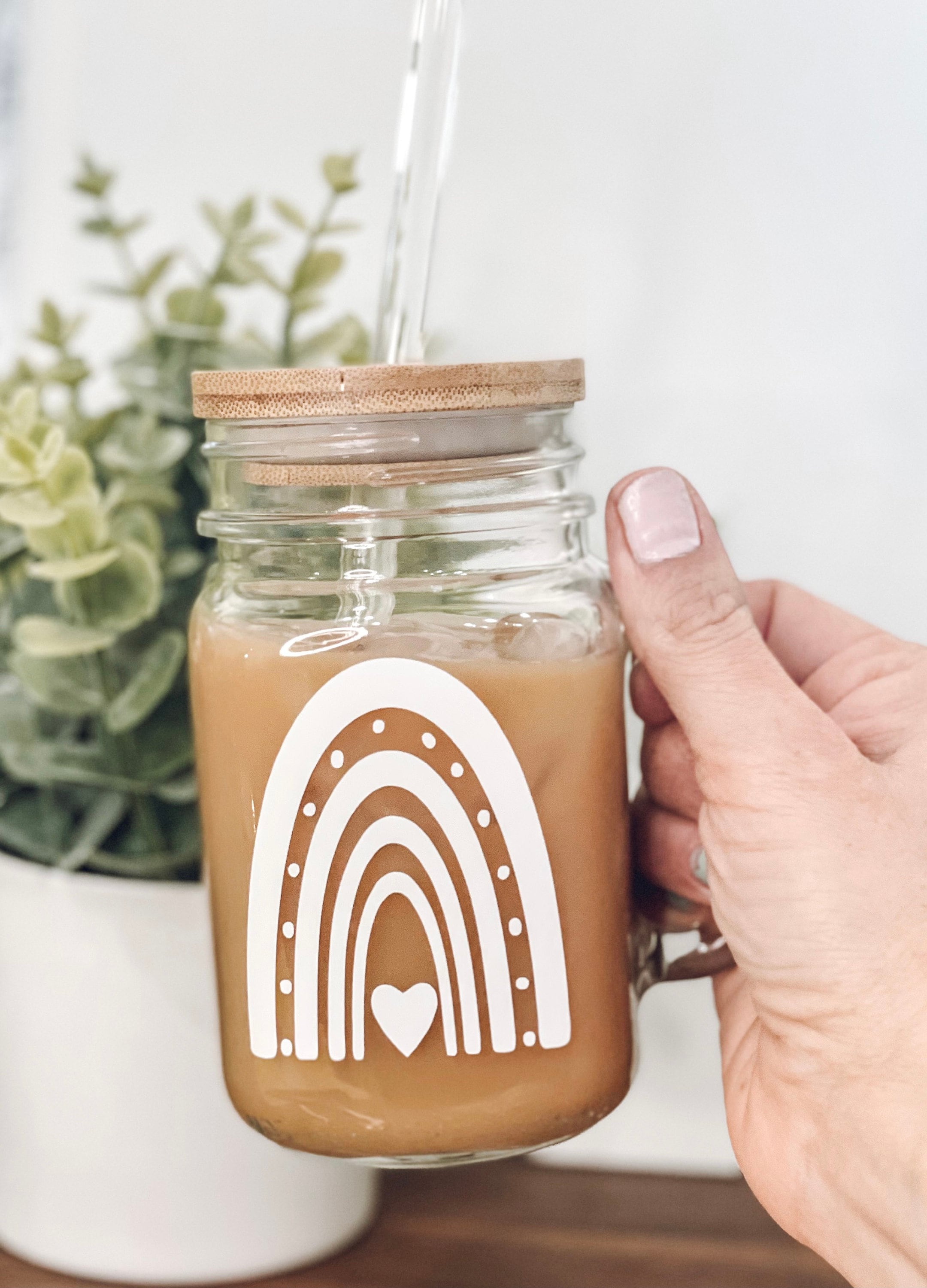 Rainbow Mason Jar Mug, Rainbow Iced Coffee Glass, Mason Jar Coffee Glass