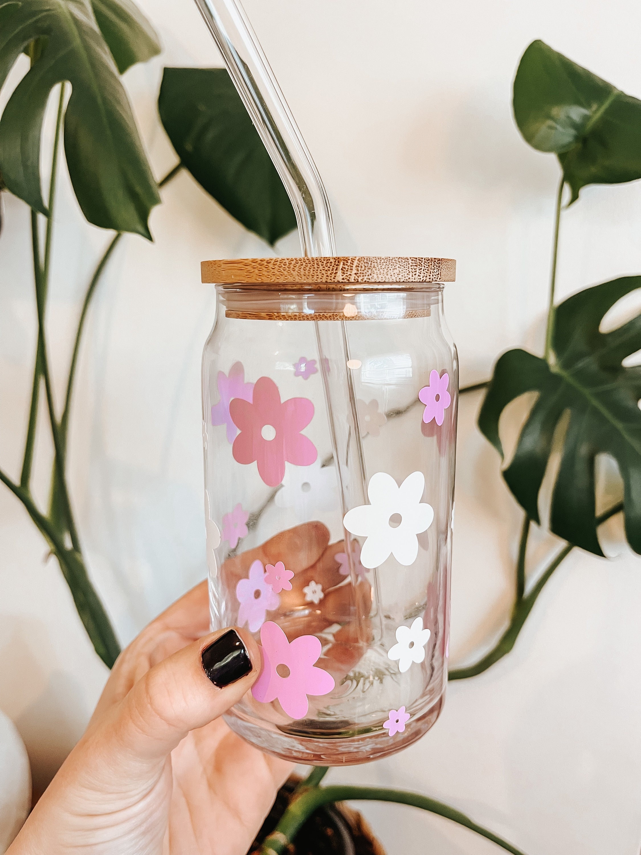 Flowers Iced Coffee Glass with Bamboo Lid & Glass Straw 16 oz | Beer Can Glass, Can Glass, Tumbler, Flower, Flowers, Floral