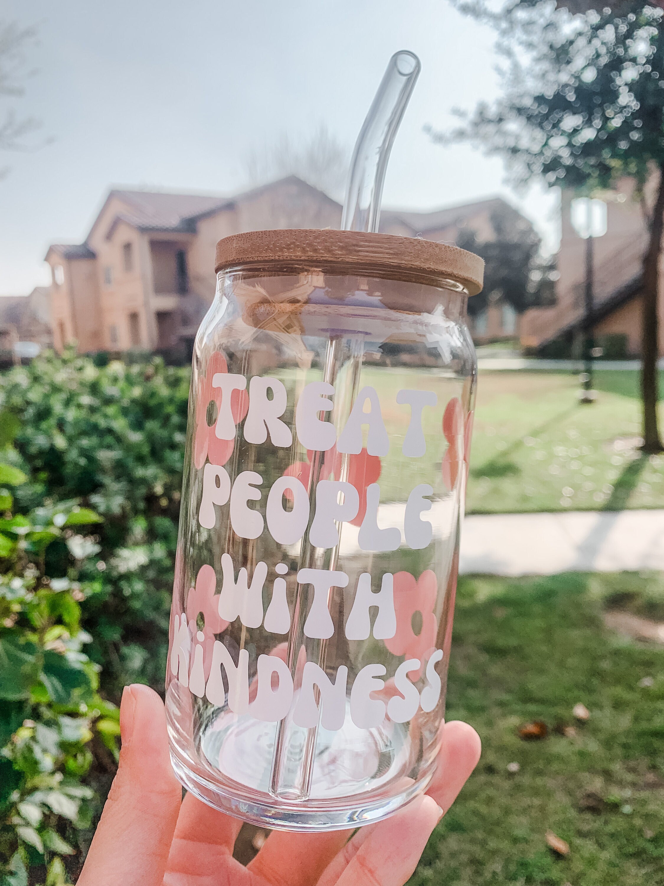 Treat People with Kindness Glass Cup | Floral Iced Coffee Cup | Gift for Her | Beer Can Glass