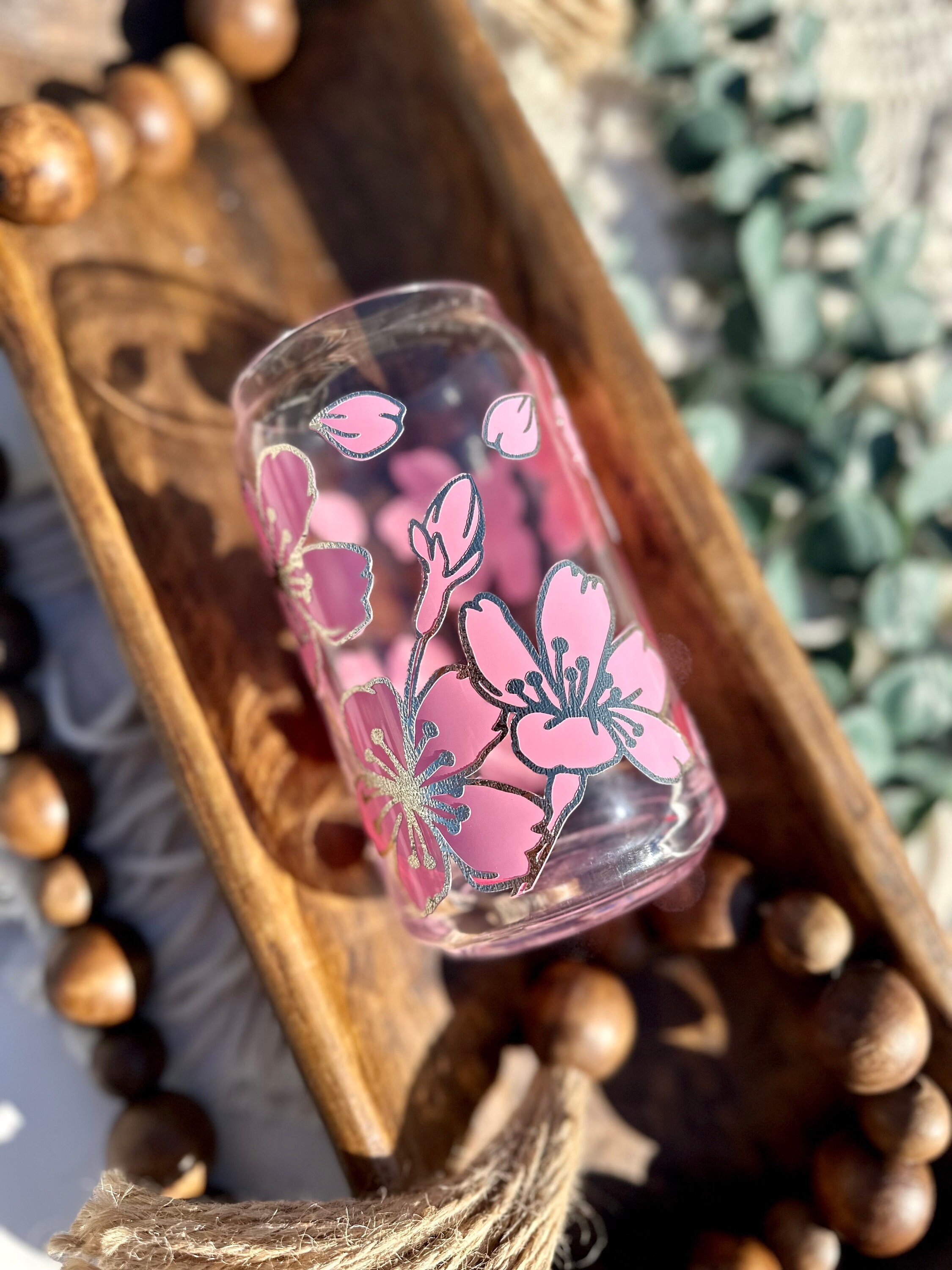 Cherry Blossom beer can glass, floral beer can glass, Beer glass, libbey glass, coffee glass, engraved bamboo lid, iced coffee glass