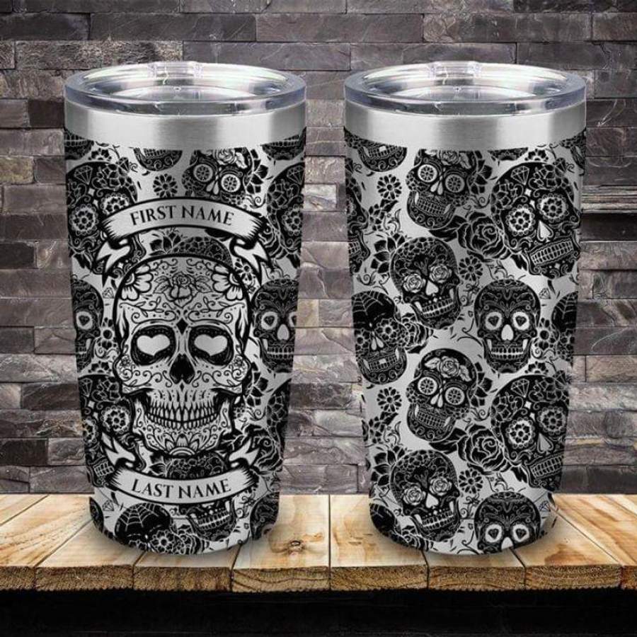 Custom Name Black Skull Stainless Steel Tumbler 20oz