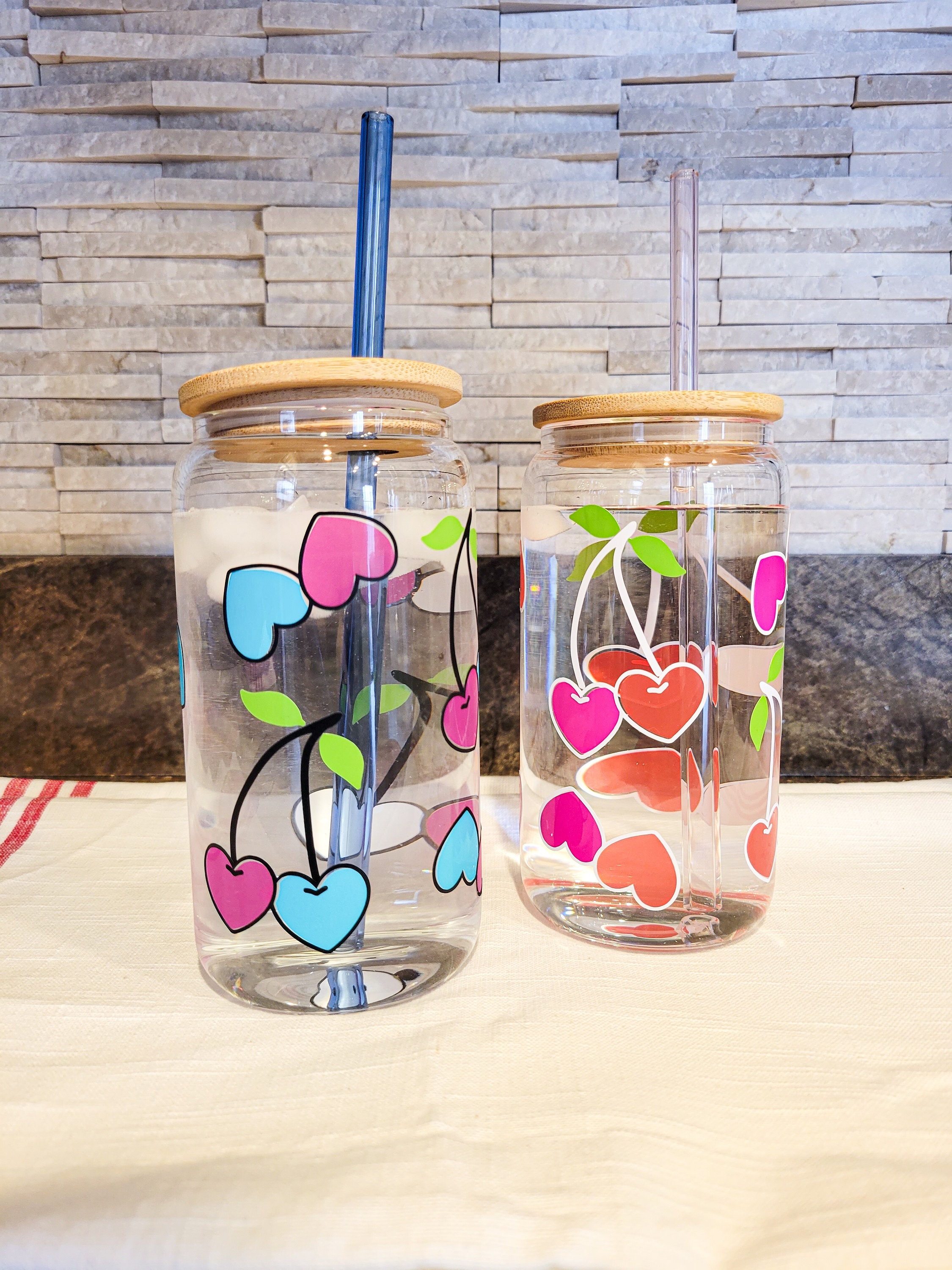 Color Changing Heart Cup, Cherry Heart Iced Coffee Glass with lid and straw, Valentines Day Gift for Her, Sweetheart Tumbler, Valentines Mug