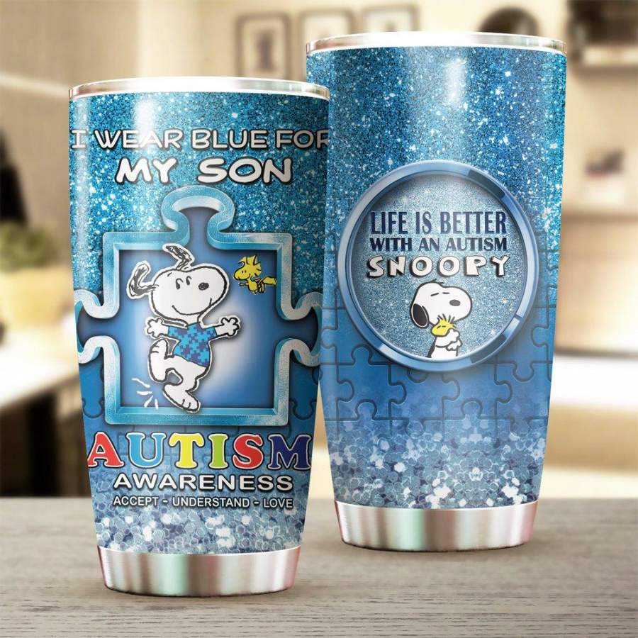 Snoopy I Wear Blue For My Son Stainless Steel Tumbler Mug 20 Oz Gift For Autism Awareness