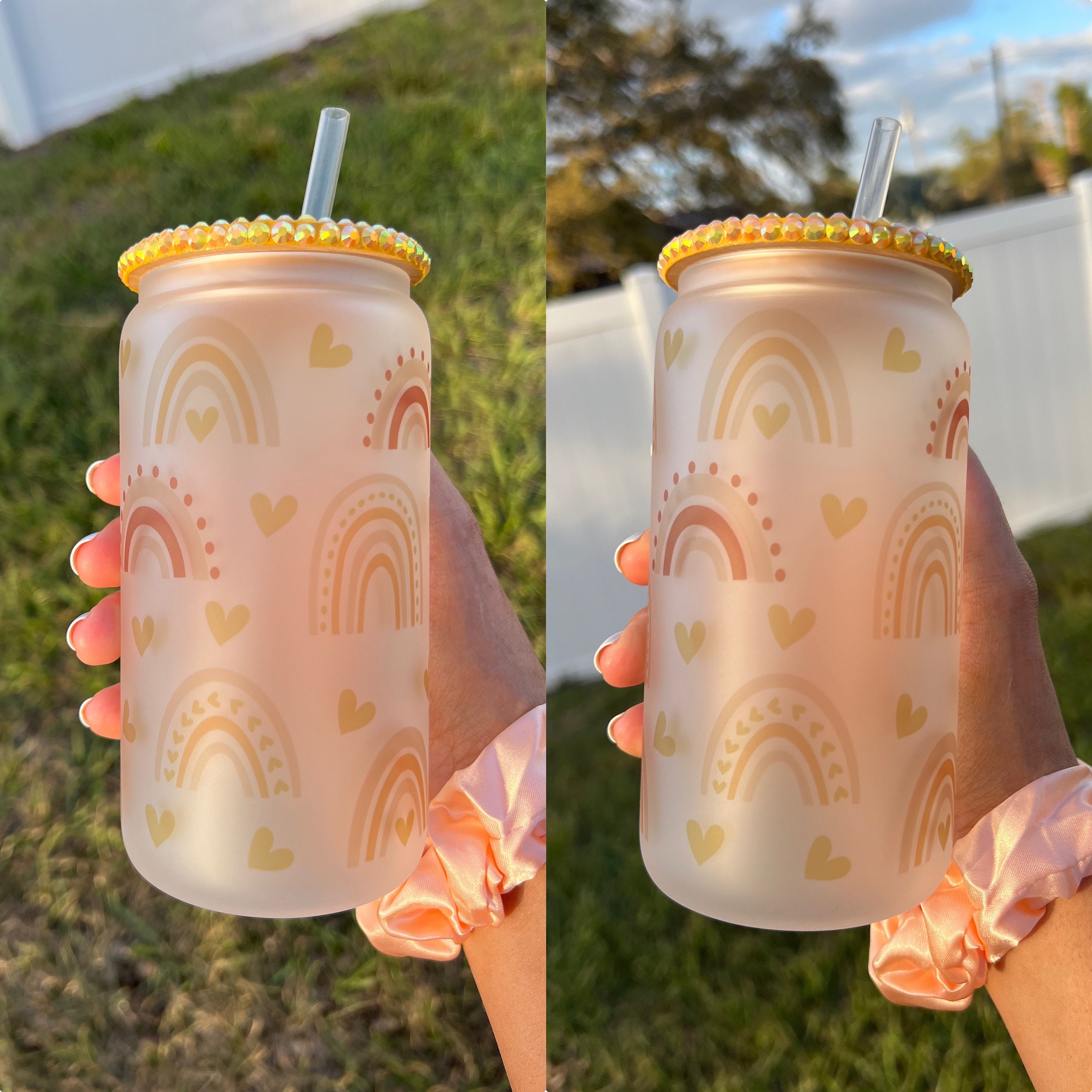 Cute Boho Rainbows 16 Oz Frosted Beer Can Glass Cup, Boho Aesthetic Cups, Cute Cups for Her, Birthday Gifts, Bestfriend Gifts, Cute Cups