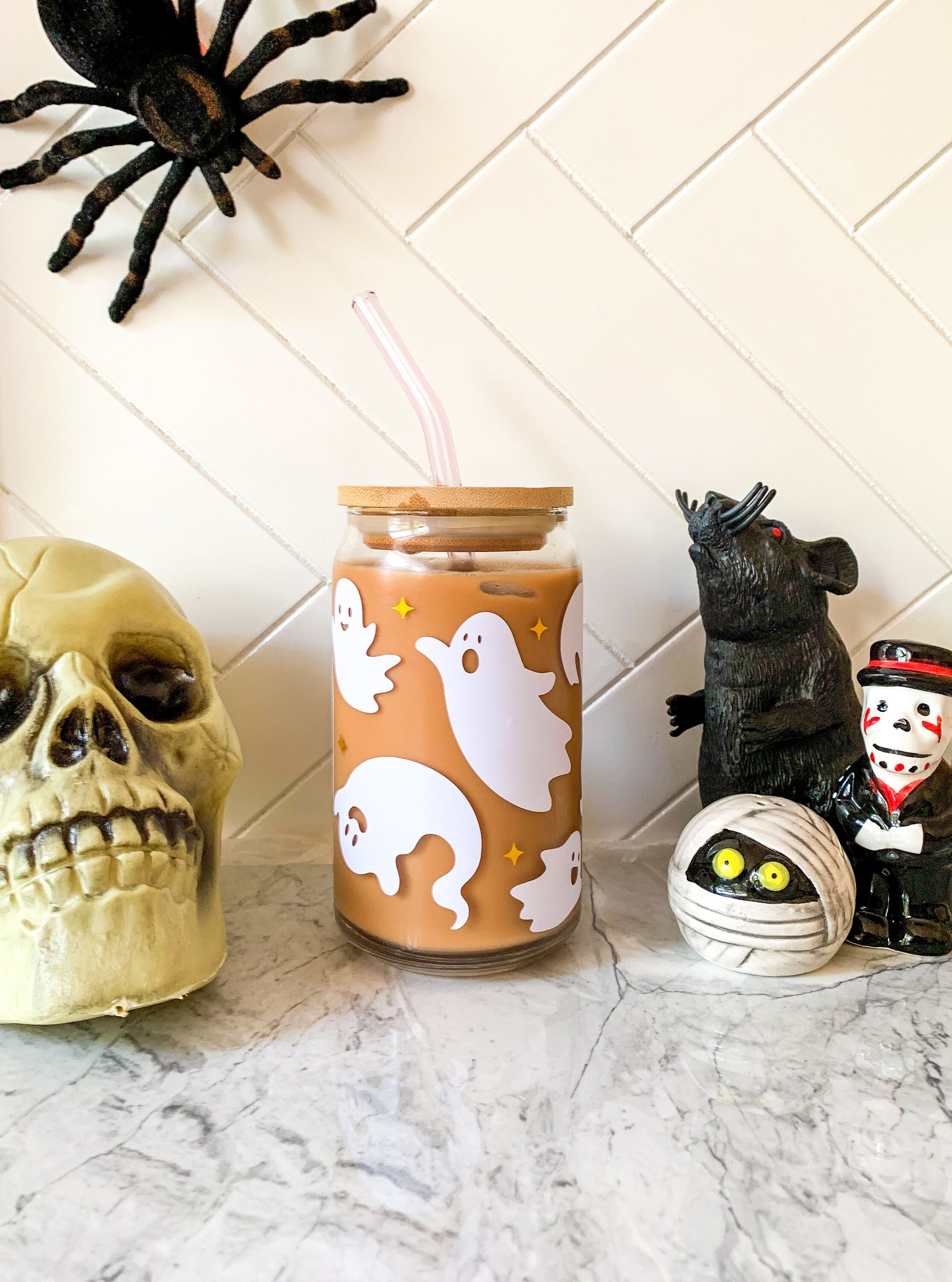 Ghost Glass Cup | Cute Halloween Can Glass | Halloween Iced Coffee Glass | Iced Coffee Cup | Cute Halloween Decor | Cute Ghost Cup